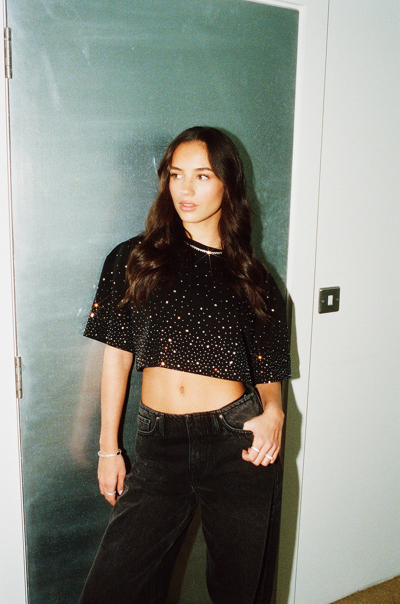 Cropped Rhinestone T-Shirt - Black