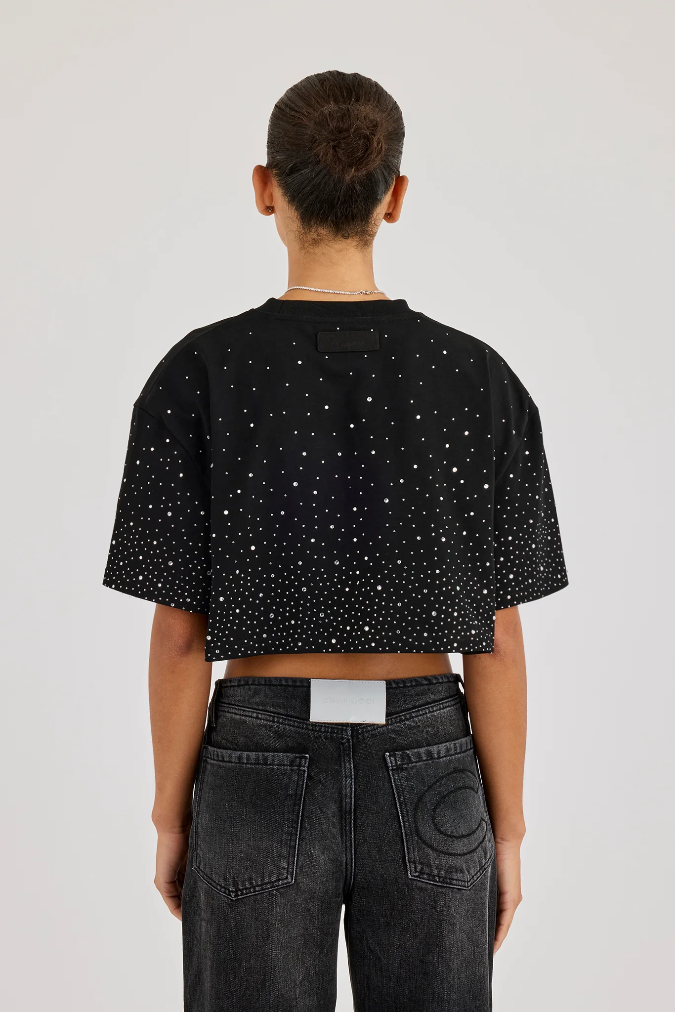 Cropped Rhinestone T-Shirt - Black - Image 4