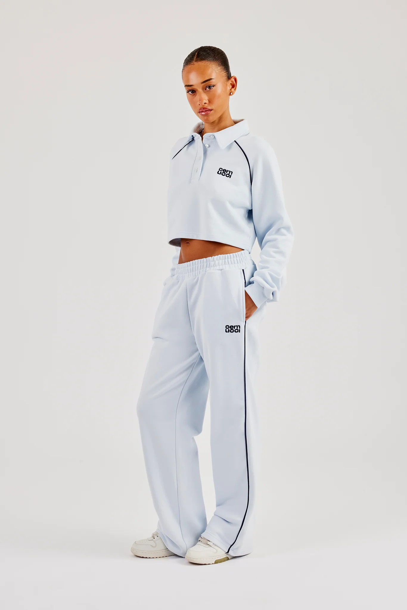 Cropped Rugby Polo & Wide Leg Jogger With Piping - Light Blue