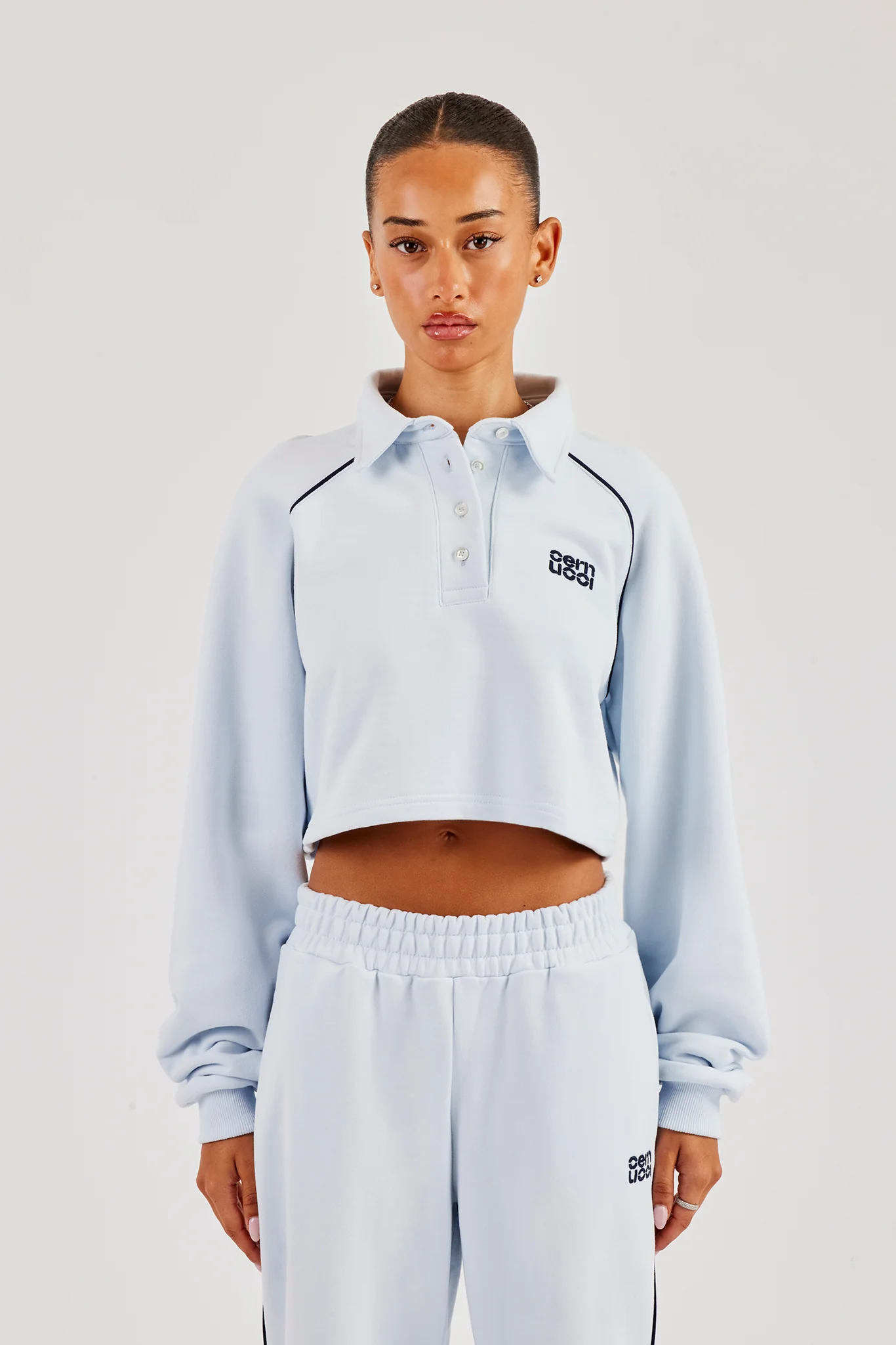 Cropped Rugby Polo With Piping - Light Blue - Image 3