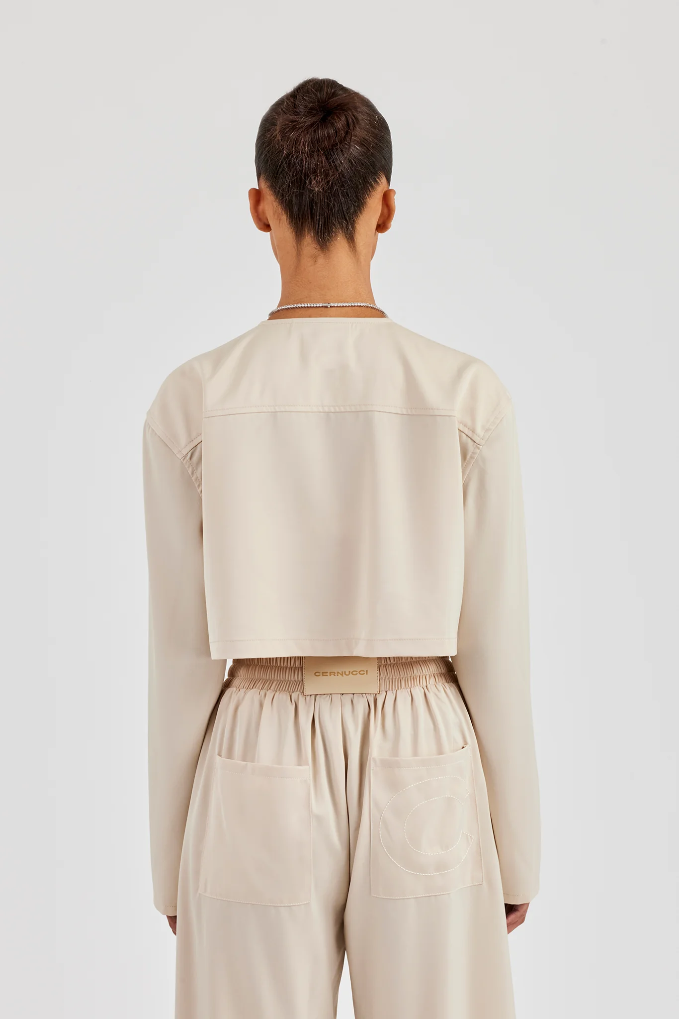 Cropped Satin Button Up Top - Beige - Image 4