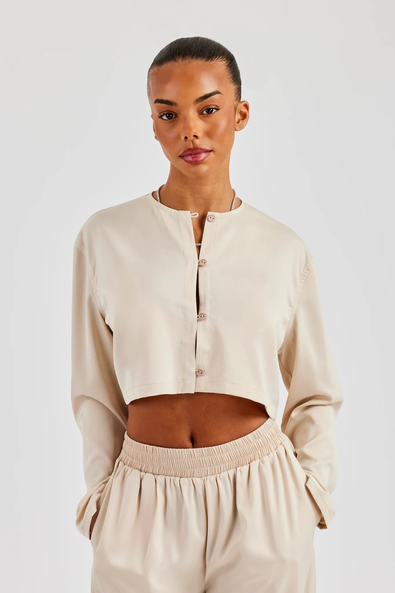 Cropped Satin Button Up Top & Wide Leg Trouser - Beige - Image 5