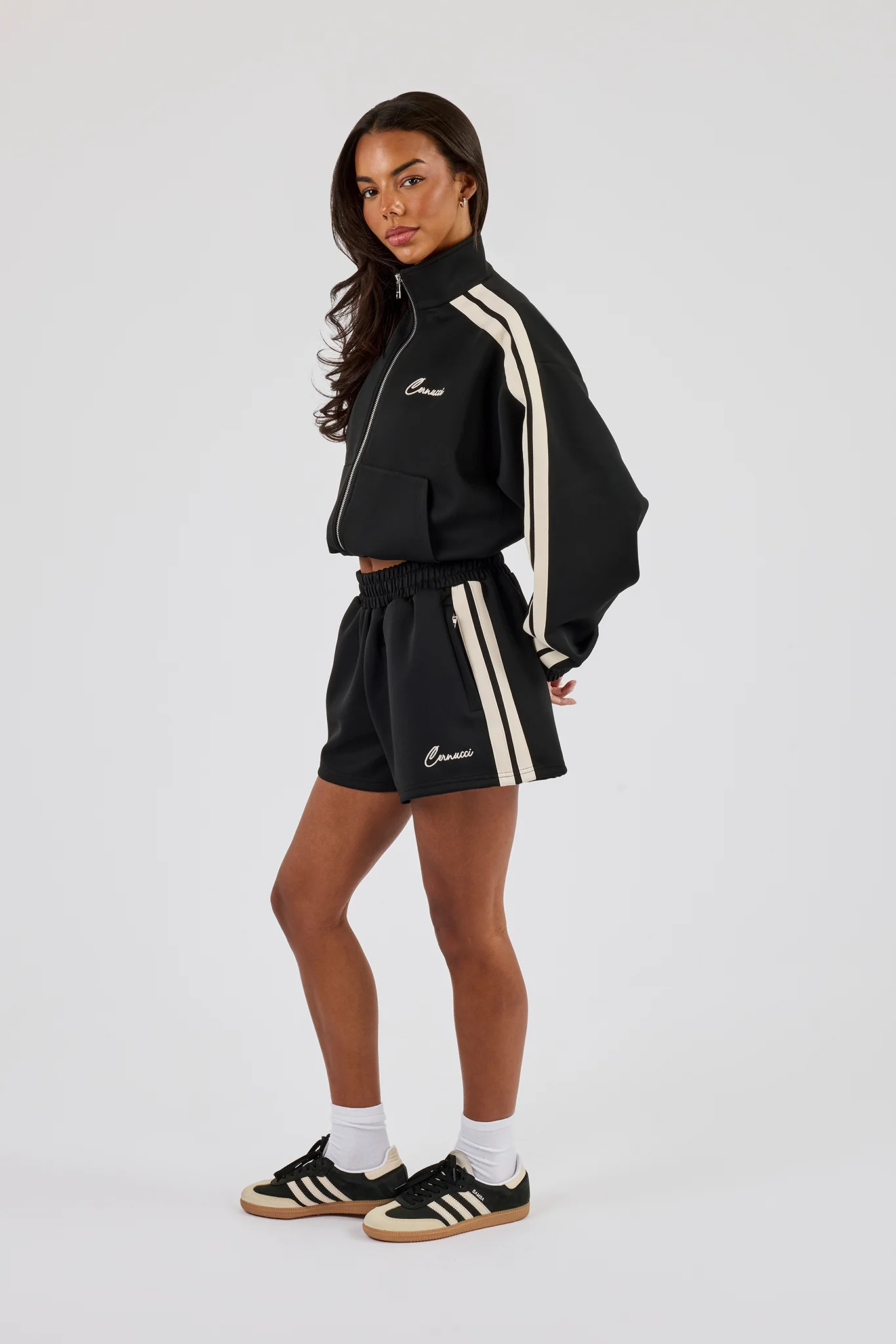 Cropped Taping Funnel Neck Track Jacket & Short - Black - Image 2