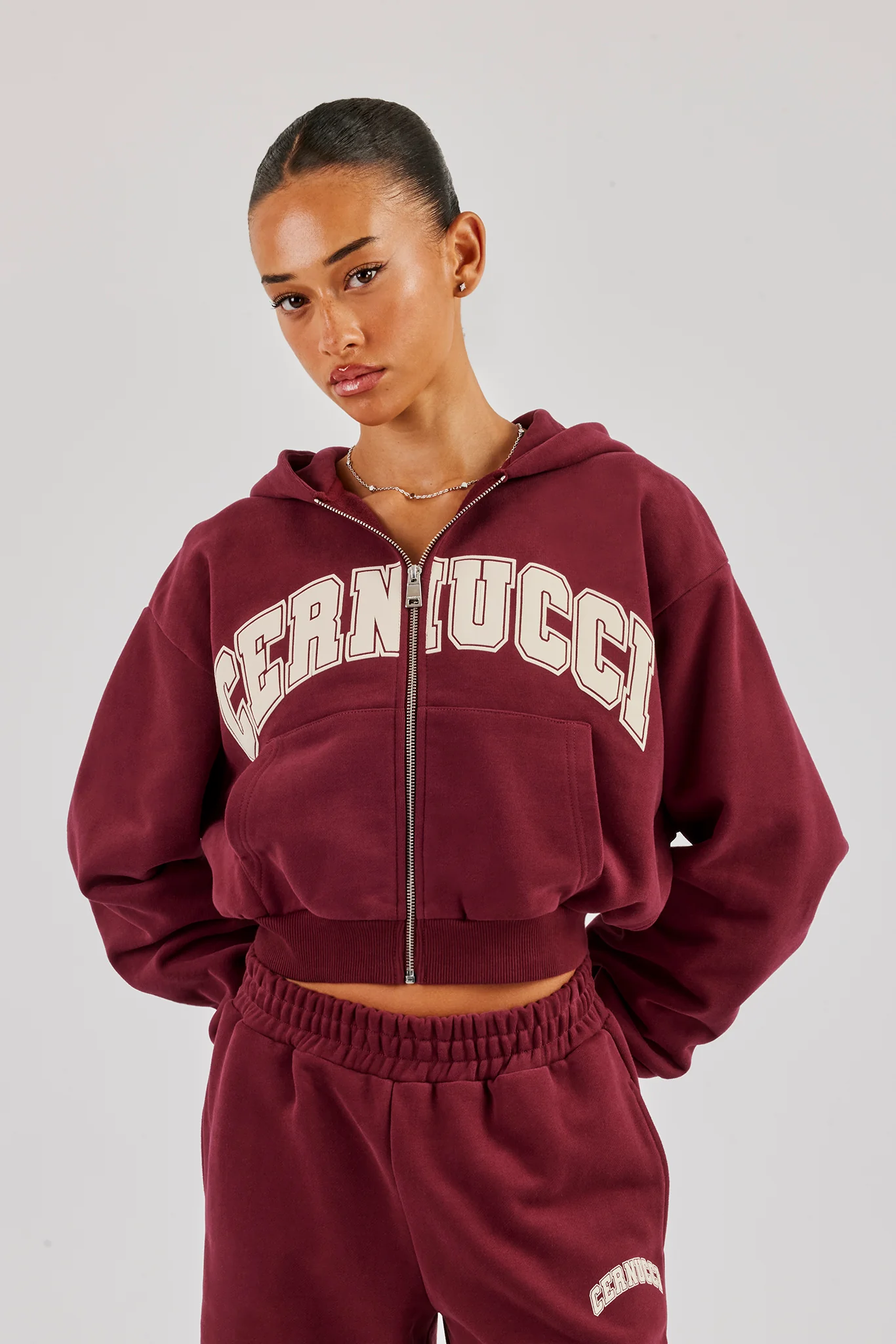 Cropped Varsity Logo Hoodie - Berry - Image 3