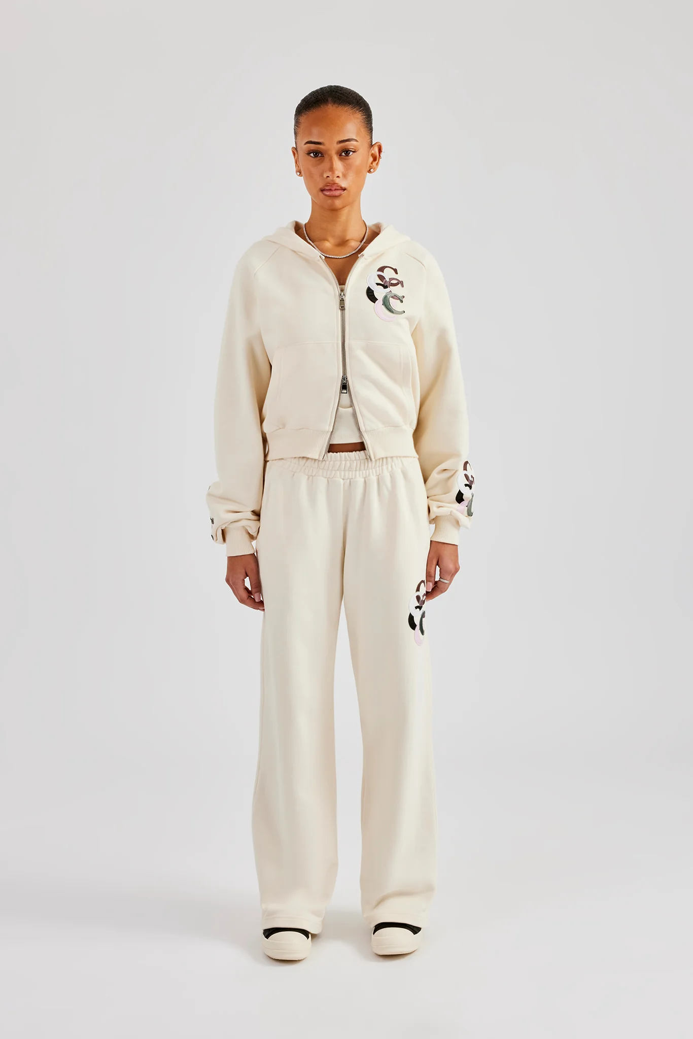 Cropped Washed Layered Applique Tracksuit - Off White - Image 10