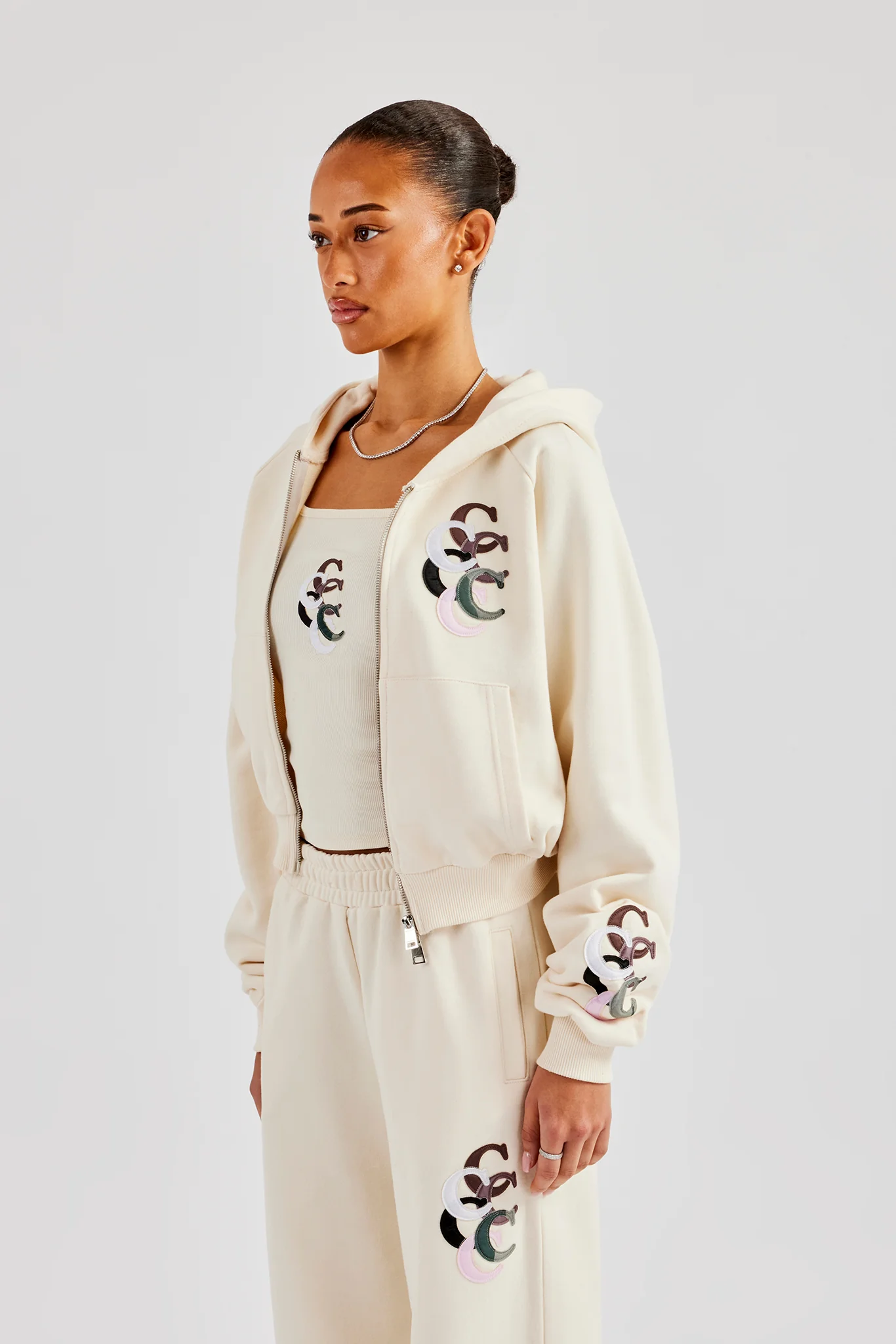 Cropped Washed Layered Applique Tracksuit - Off White - Image 5