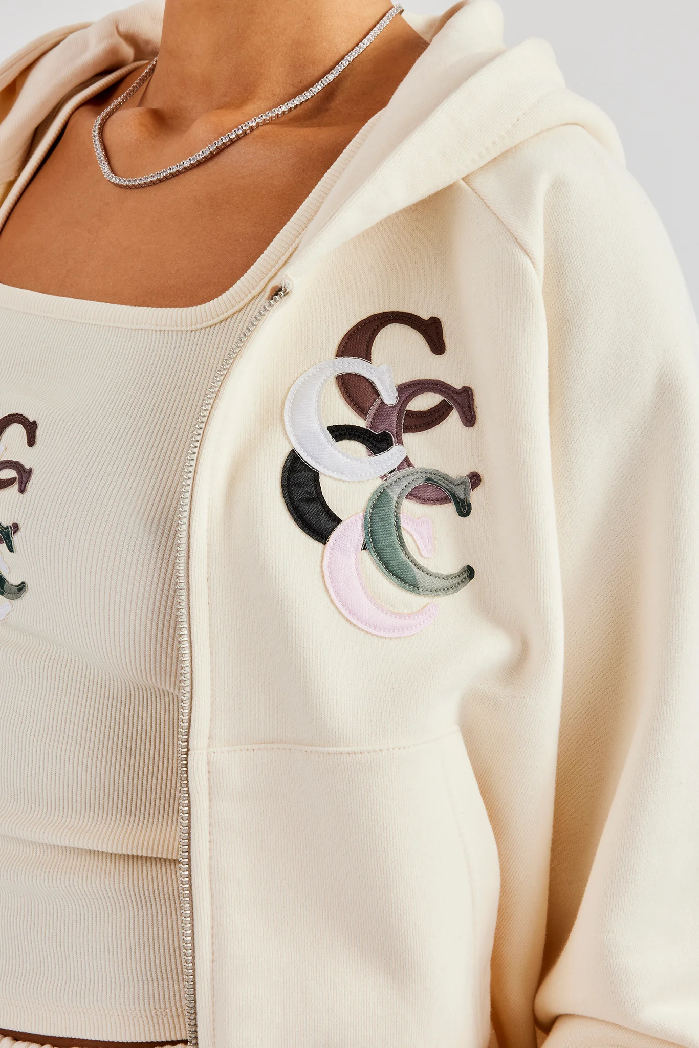 Cropped Washed Layered Applique Zip Hoodie - Off White - Image 3