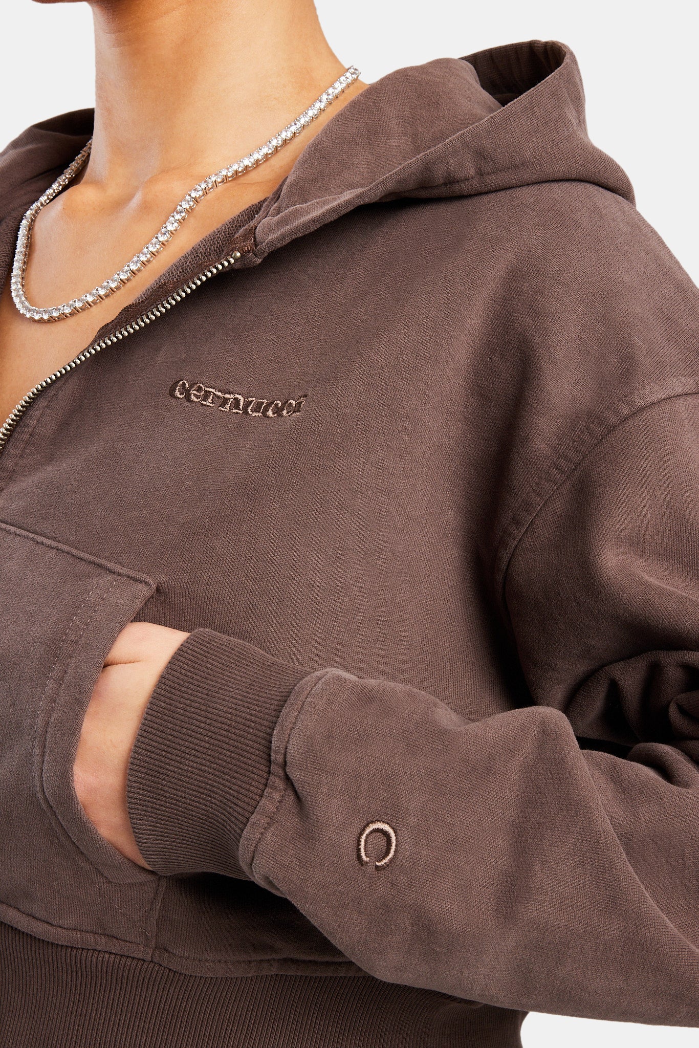 Cropped Zip Hoodie - Chocolate - Image 3