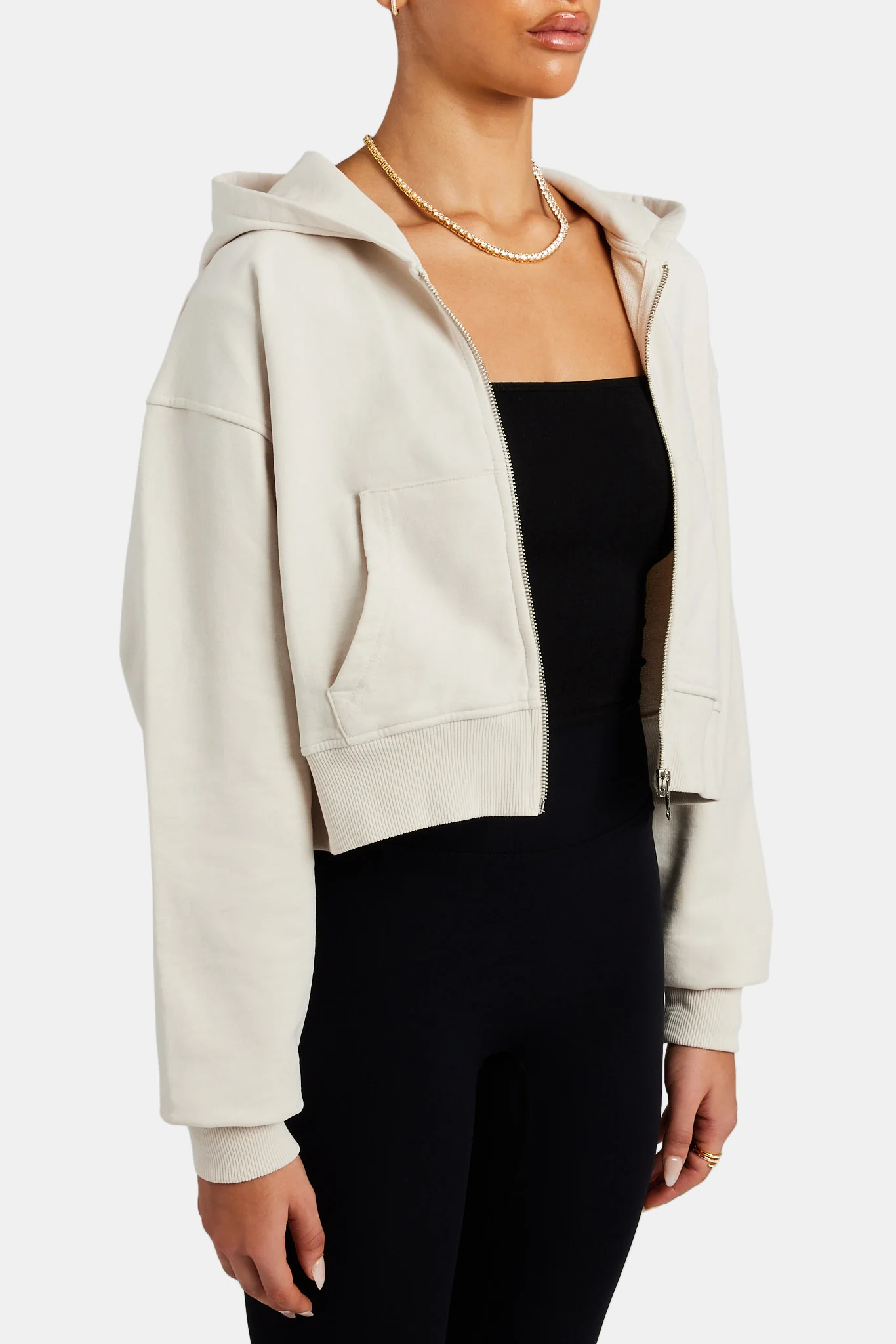 Cropped Zip Hoodie - Stone - Image 3
