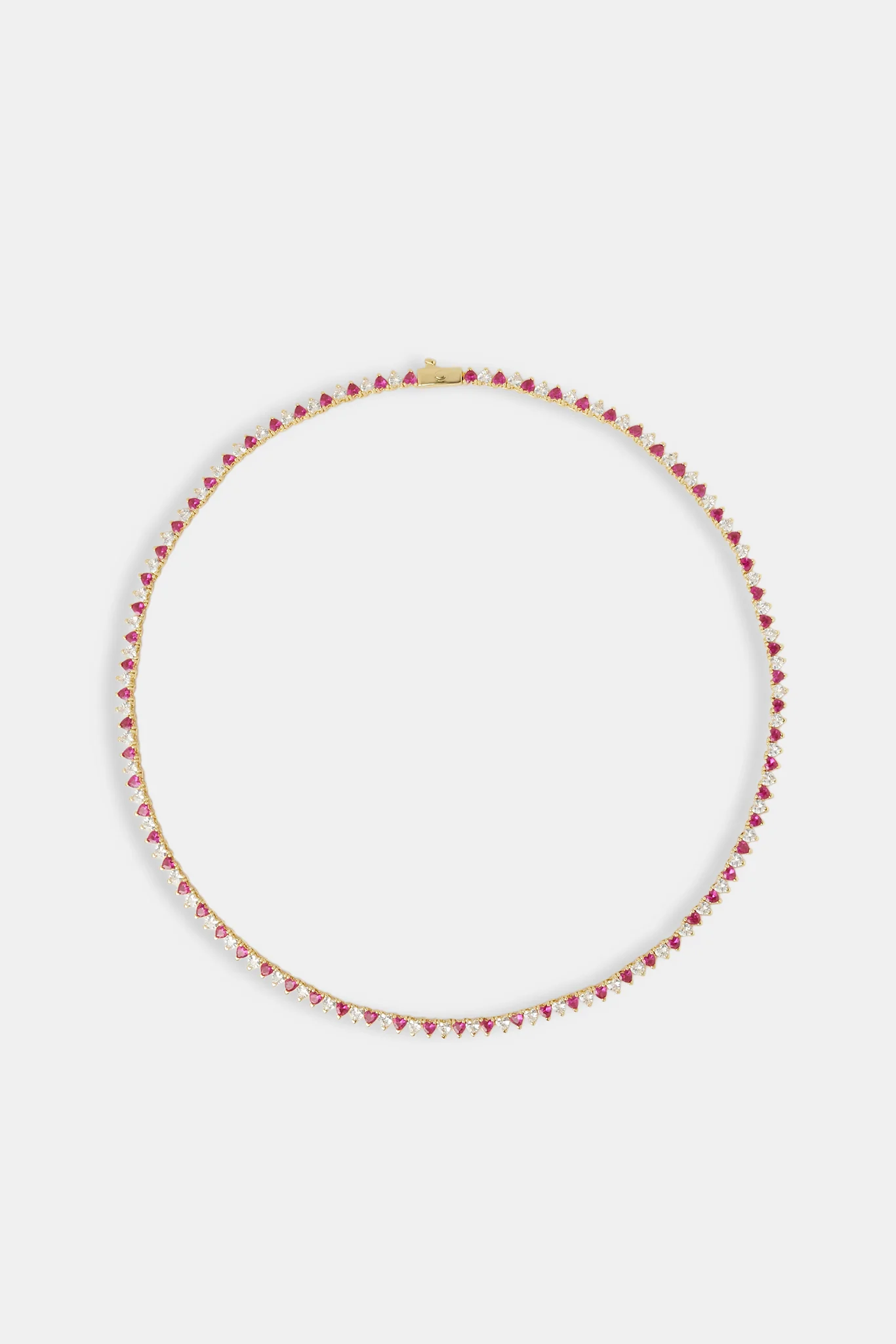 Deep Pink & Clear Heart Tennis Chain - 3mm - Gold - Image 4