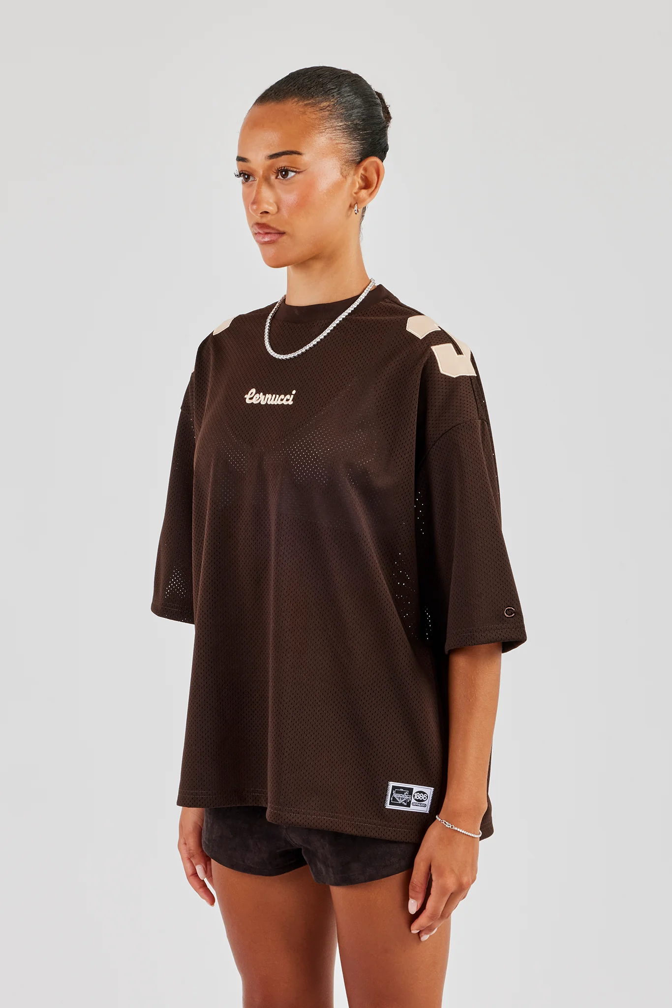 Mesh Denim Applique Football Top - Chocolate - Image 3
