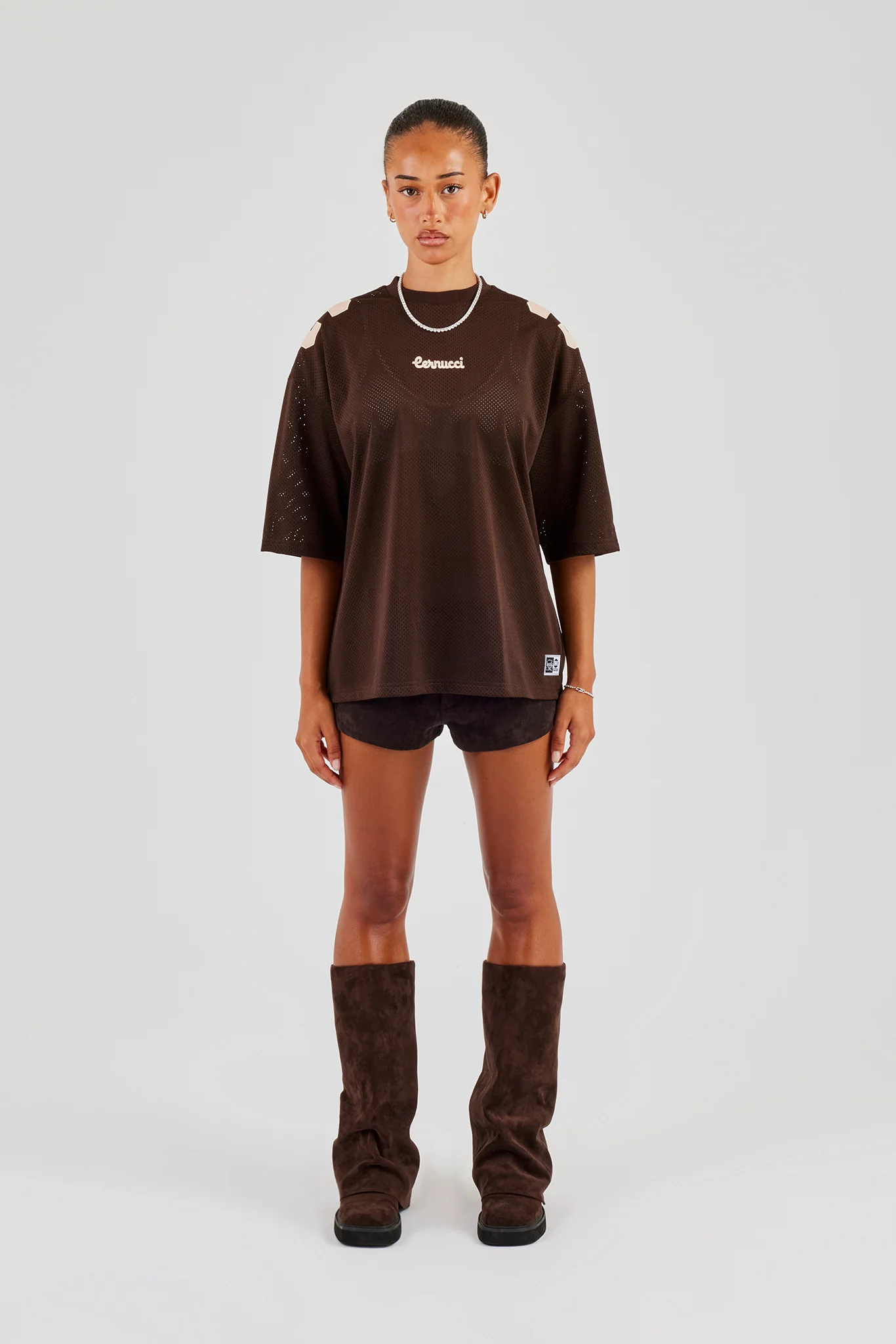 Mesh Denim Applique Football Top - Chocolate - Image 4