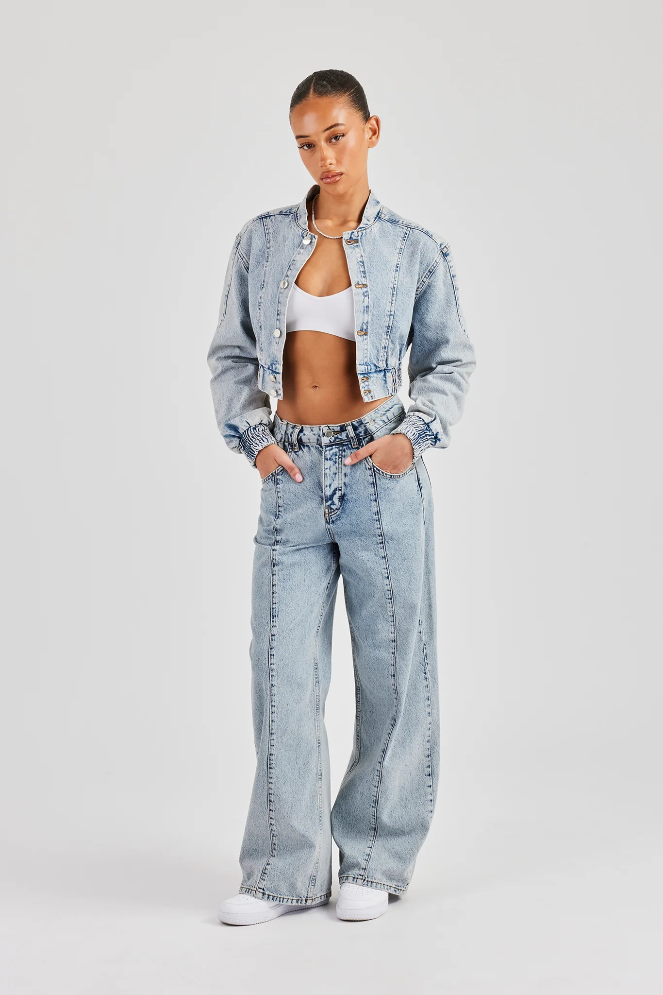 Denim Bomber Jacket & Baggy Waist Button Jean - Light Vintage