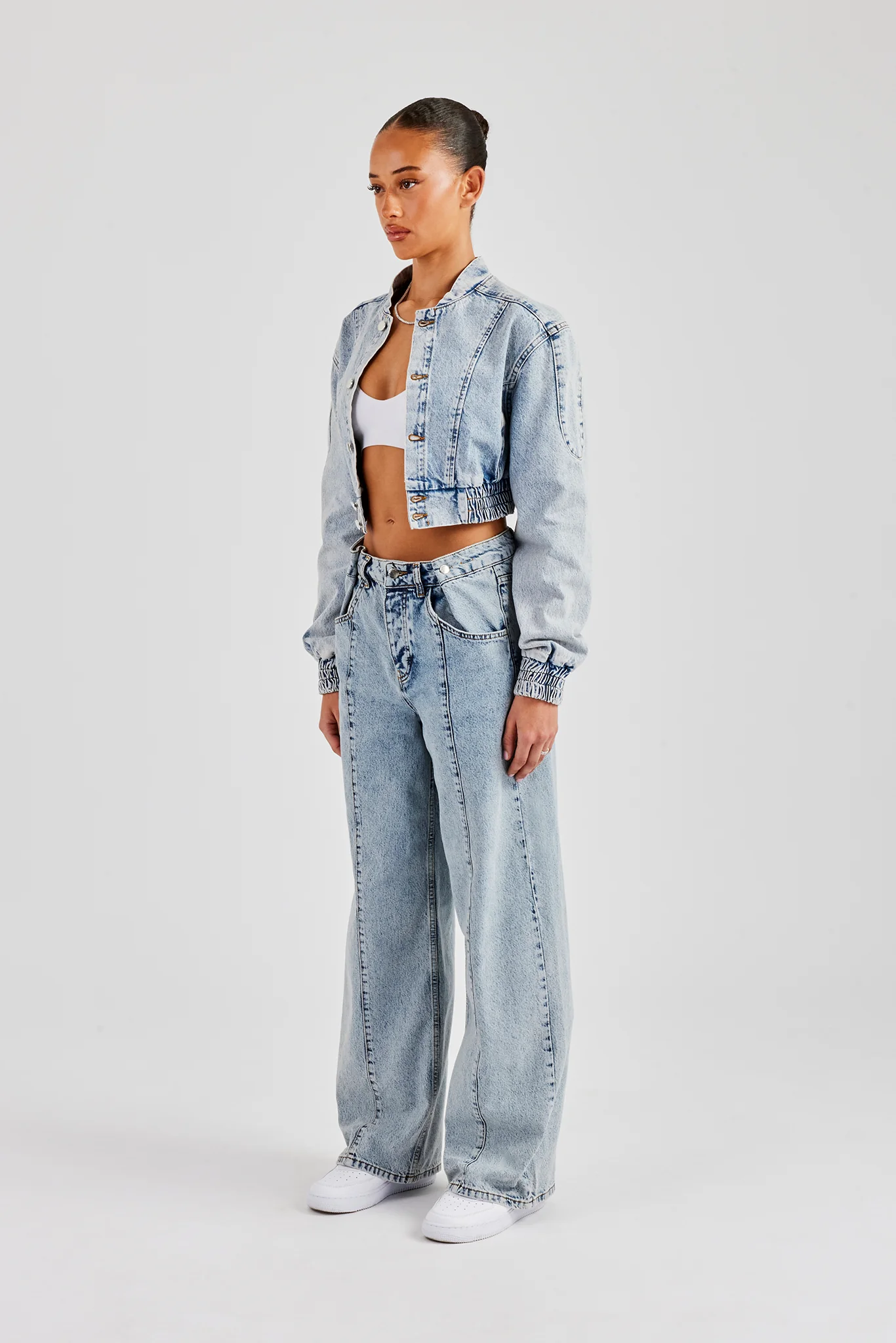 Denim Bomber Jacket & Baggy Waist Button Jean - Light Vintage - Image 2