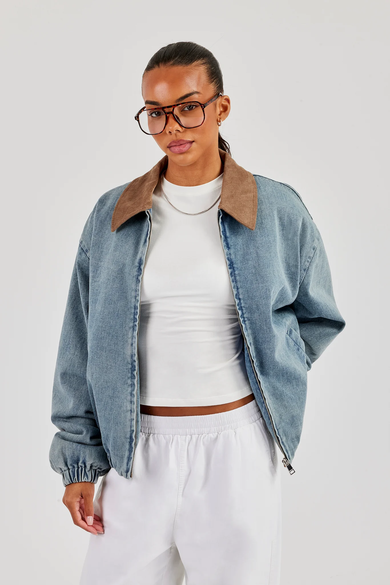 Denim Bomber Jacket With Twill Collar - Light Blue - Image 4