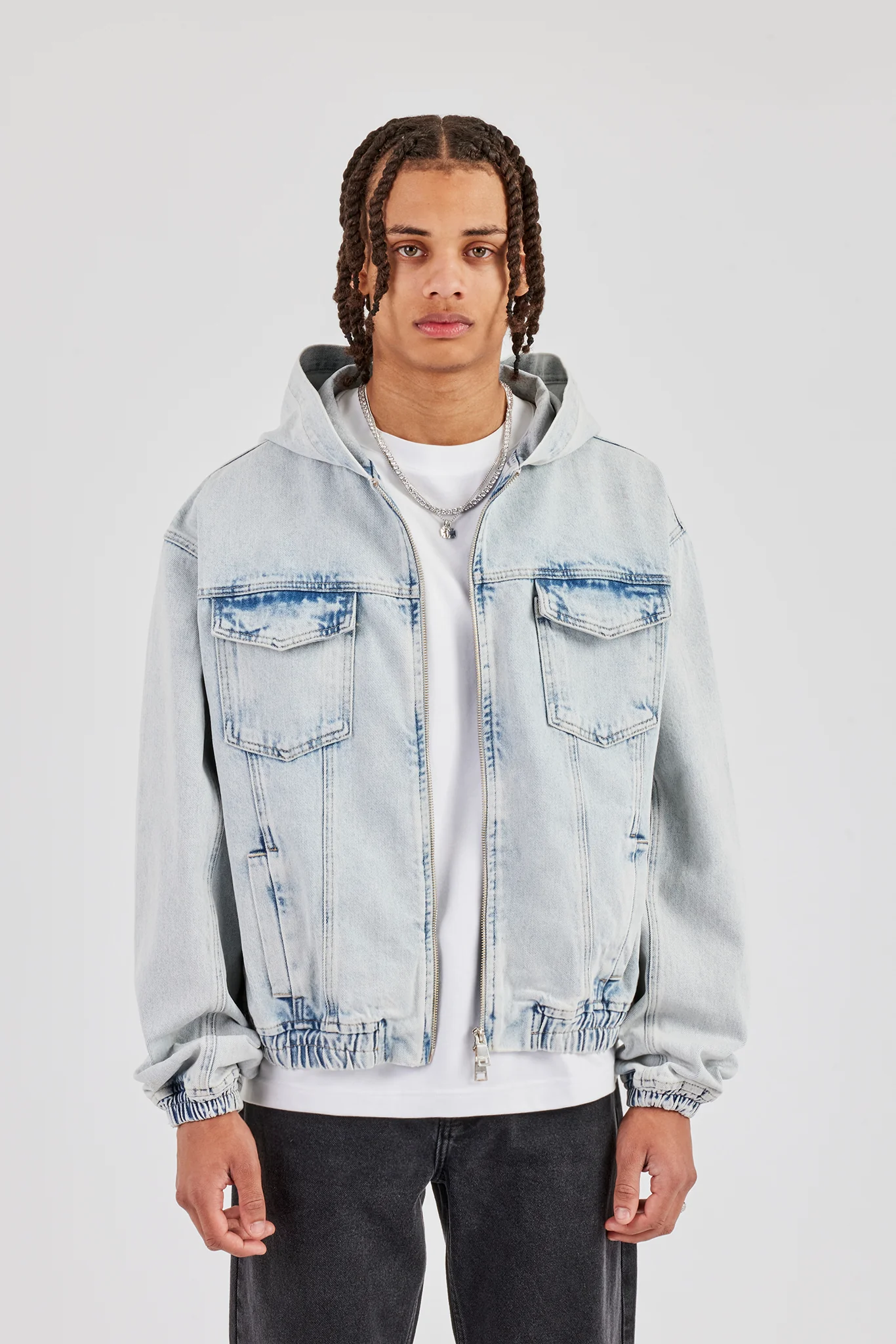 Denim Boxy Fit Zip Hoodie - Ice Blue