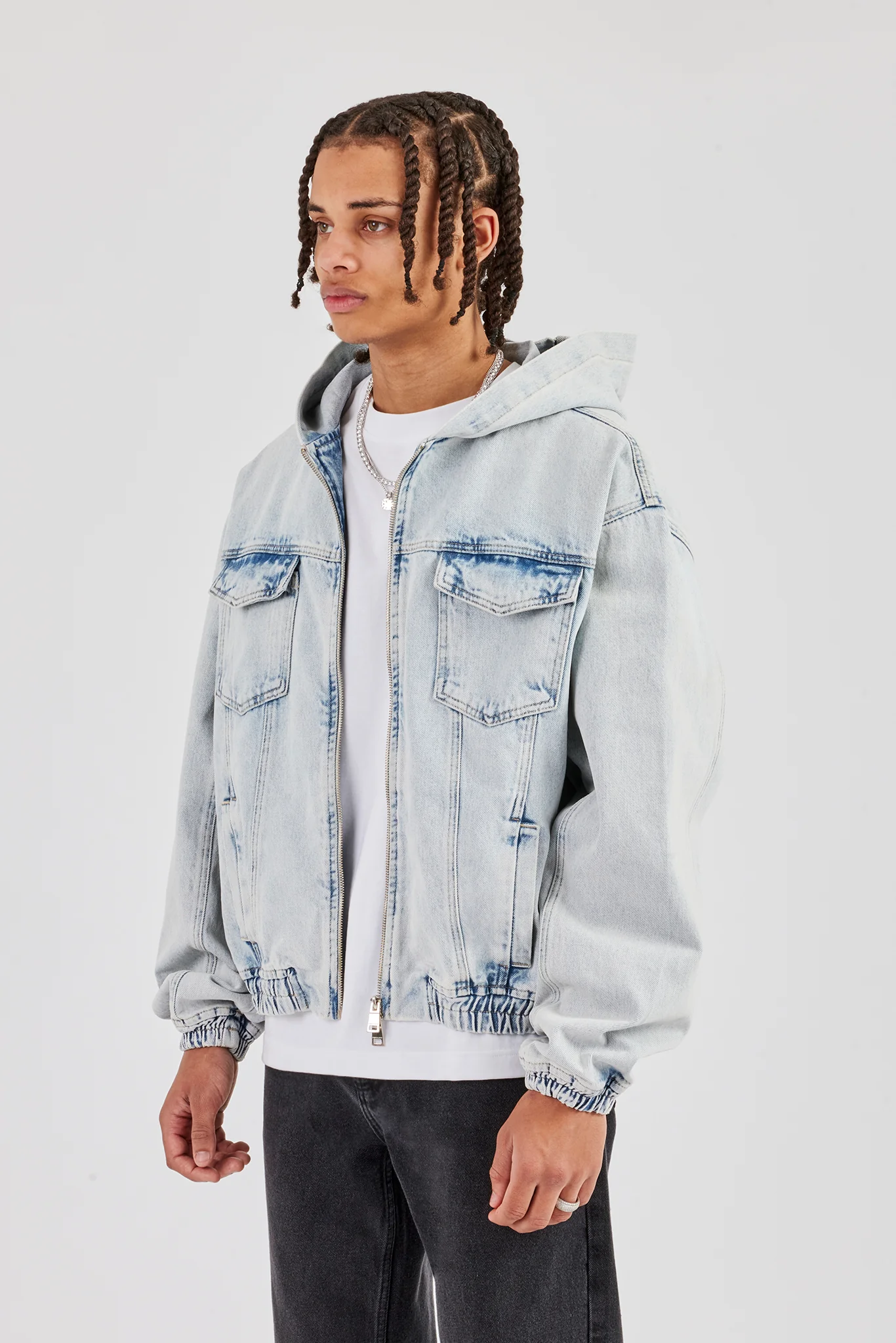 Denim Boxy Fit Zip Hoodie - Ice Blue - Image 2