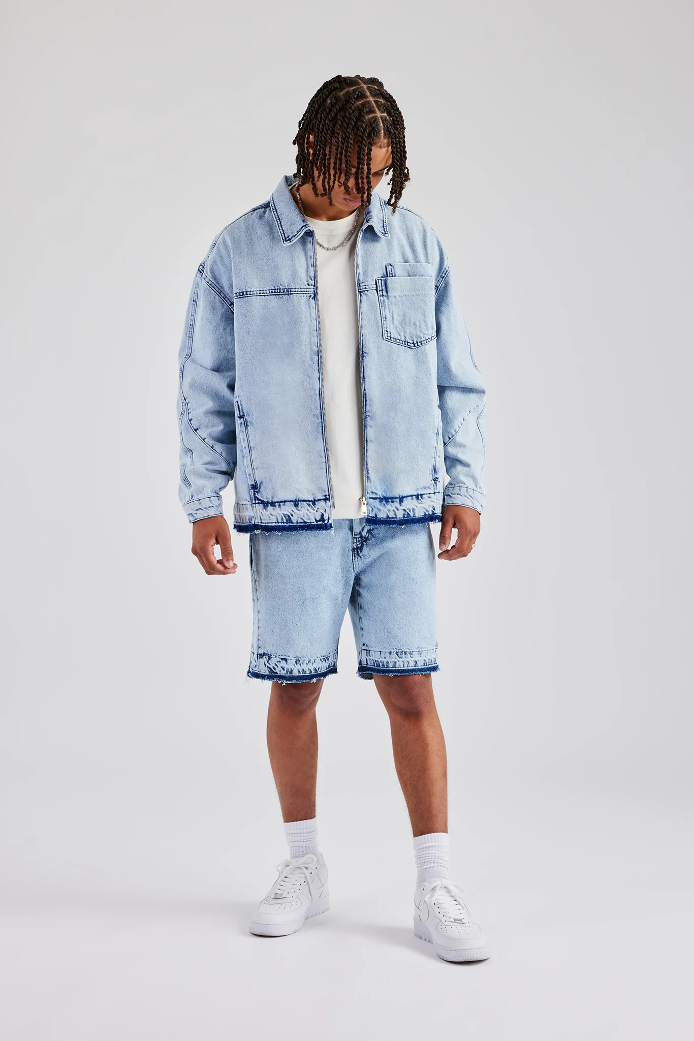 Denim Zip Jacket & Panelled Short Set - Light Blue - Image 4