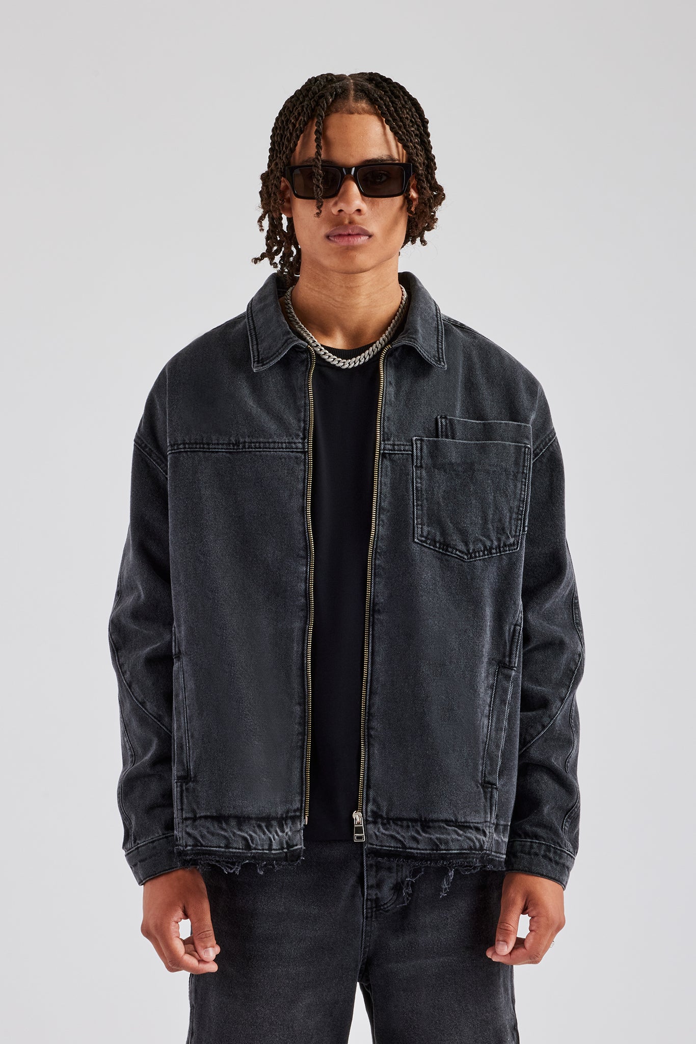 Denim Zip Jacket & Panelled Short Set - Washed Grey - Image 2