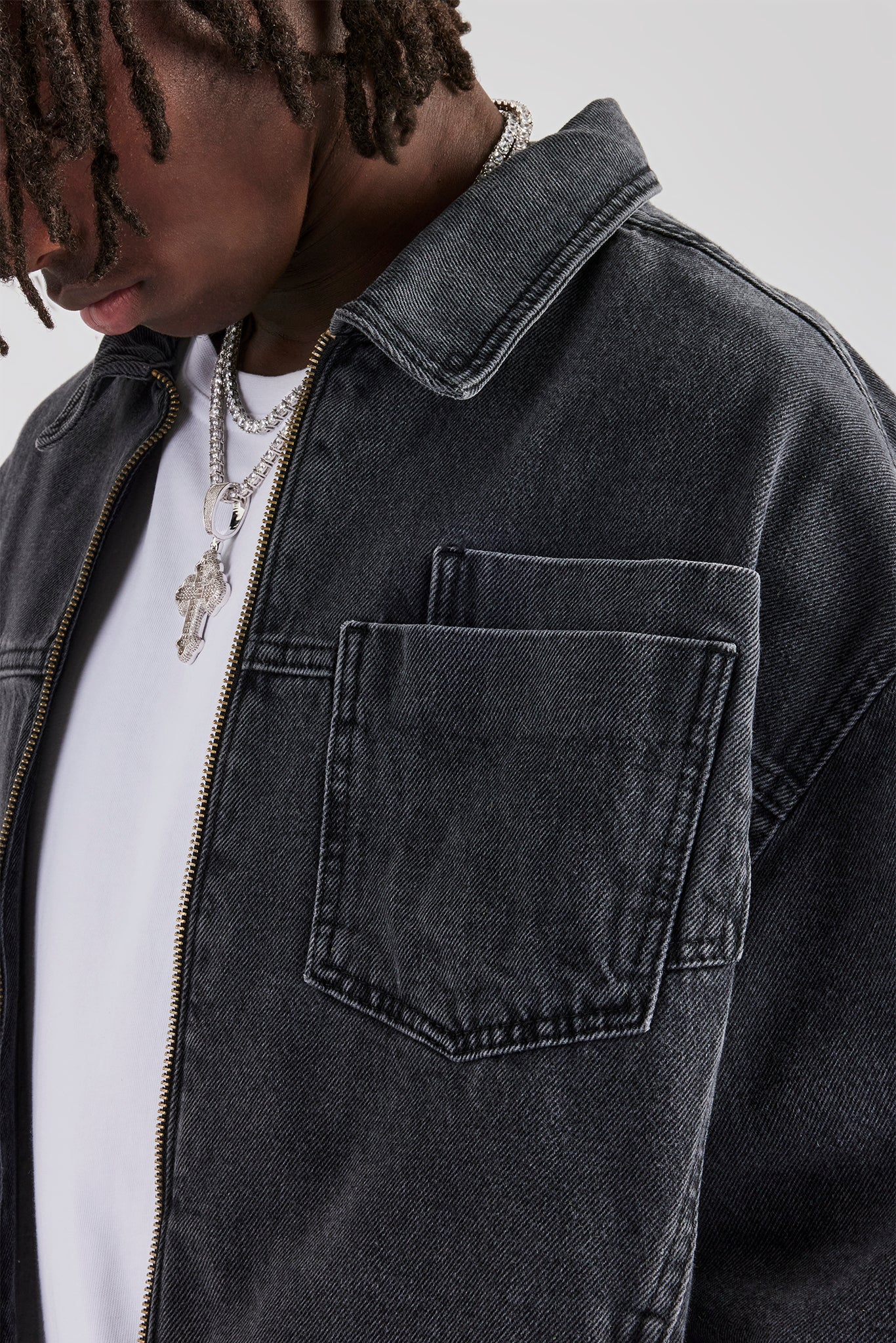 Denim Zip Jacket - Washed Grey - Image 4