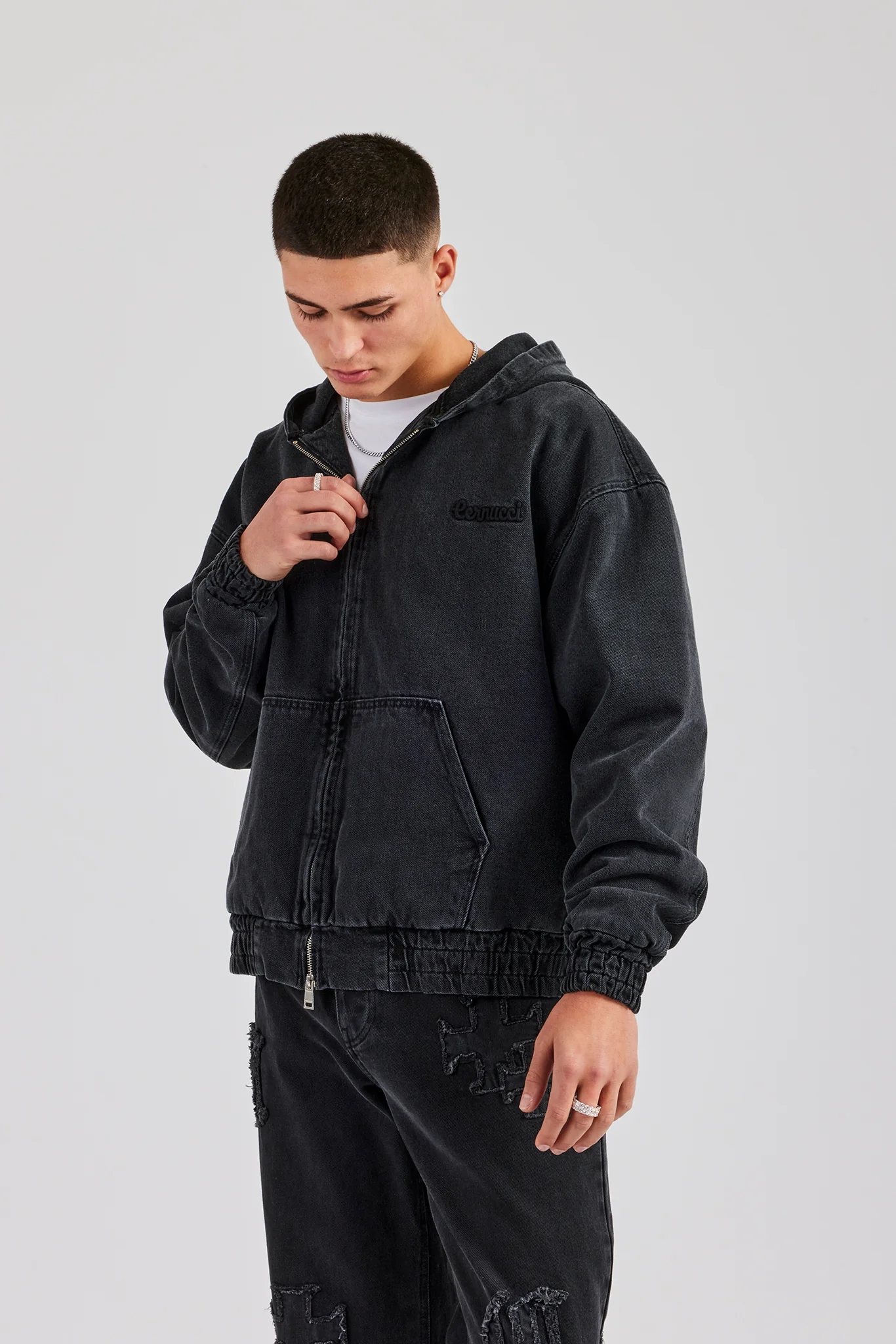 Denim Zip Through Jacket - Washed Black - Image 5