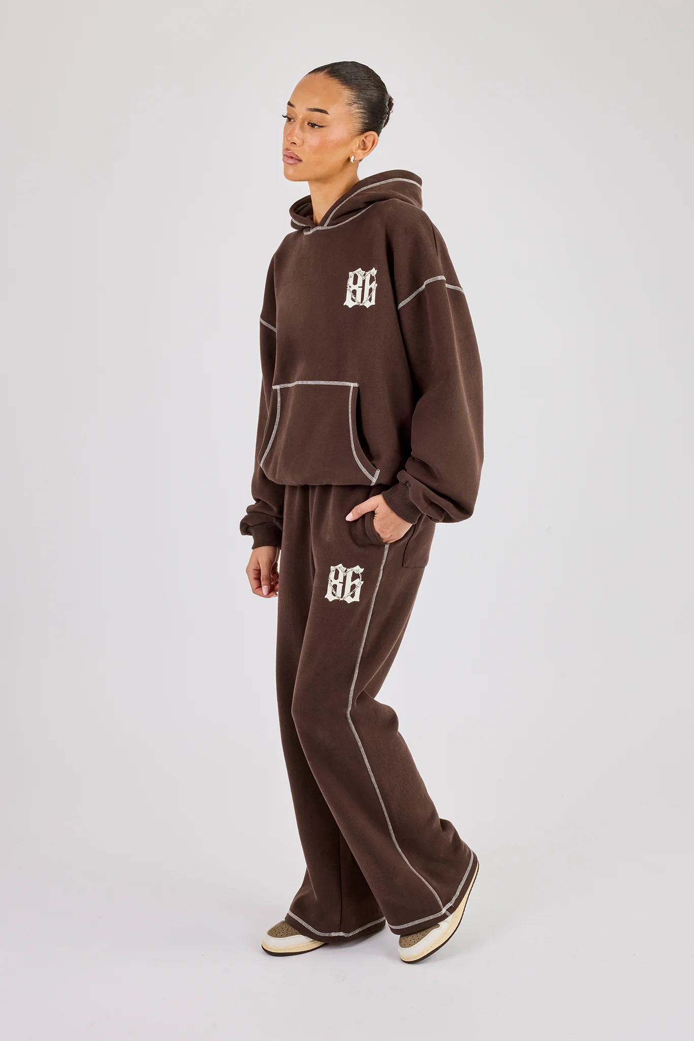 Distressed 86 Oversized Hoodie & Wide Leg Jogger - Chocolate - Image 4