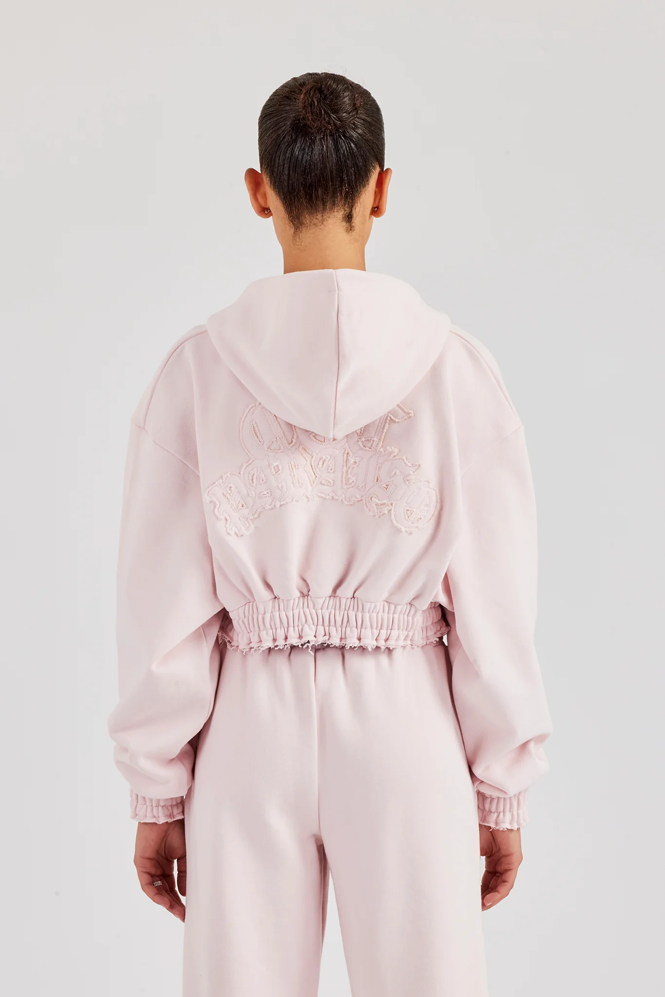 Distressed Applique Cropped Hoodie - Baby Pink - Image 2