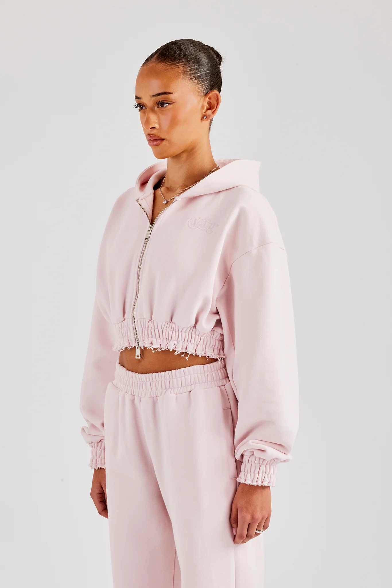 Distressed Applique Cropped Hoodie - Baby Pink - Image 4