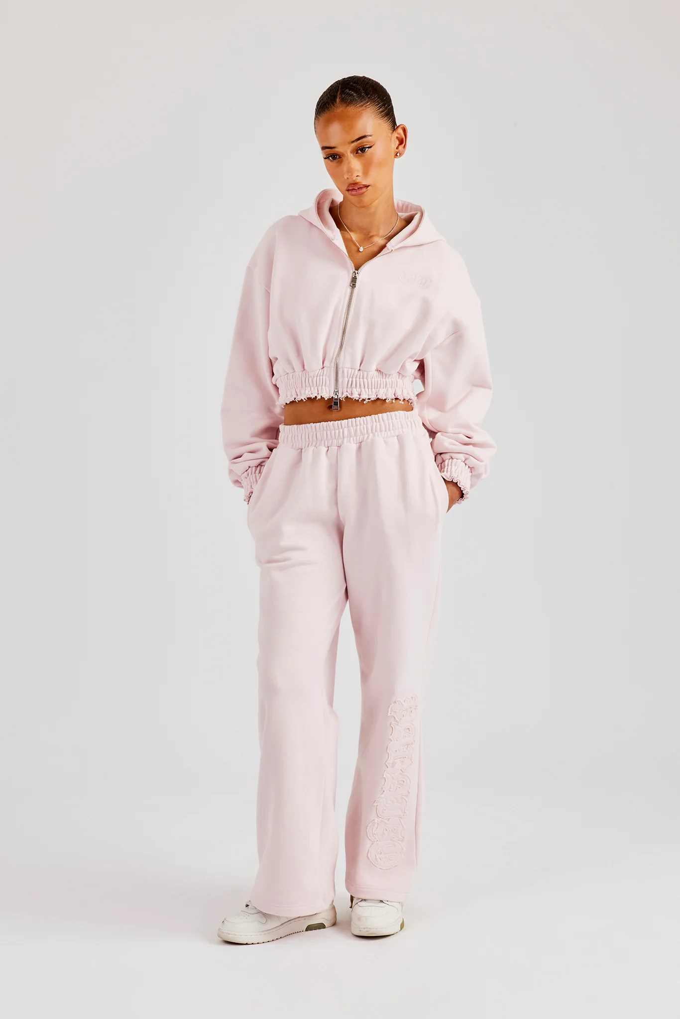 Distressed Applique Cropped Tracksuit - Baby Pink - Image 4