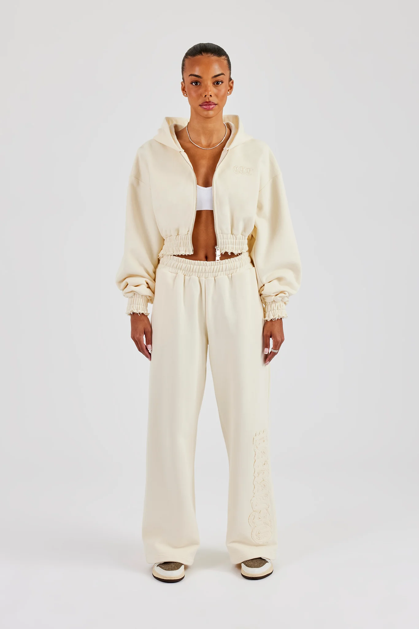Distressed Applique Cropped Tracksuit - Butter Yellow - Image 2