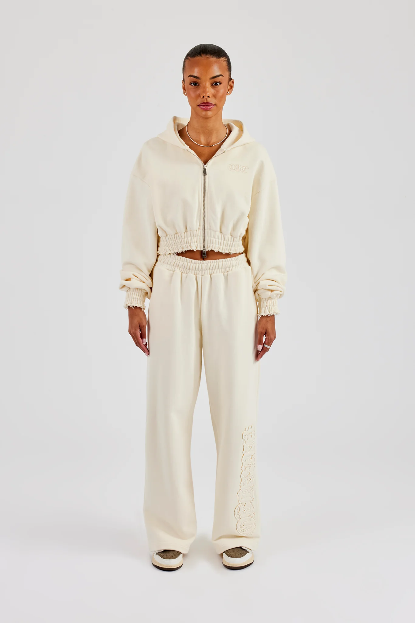 Distressed Applique Cropped Tracksuit - Butter Yellow - Image 5