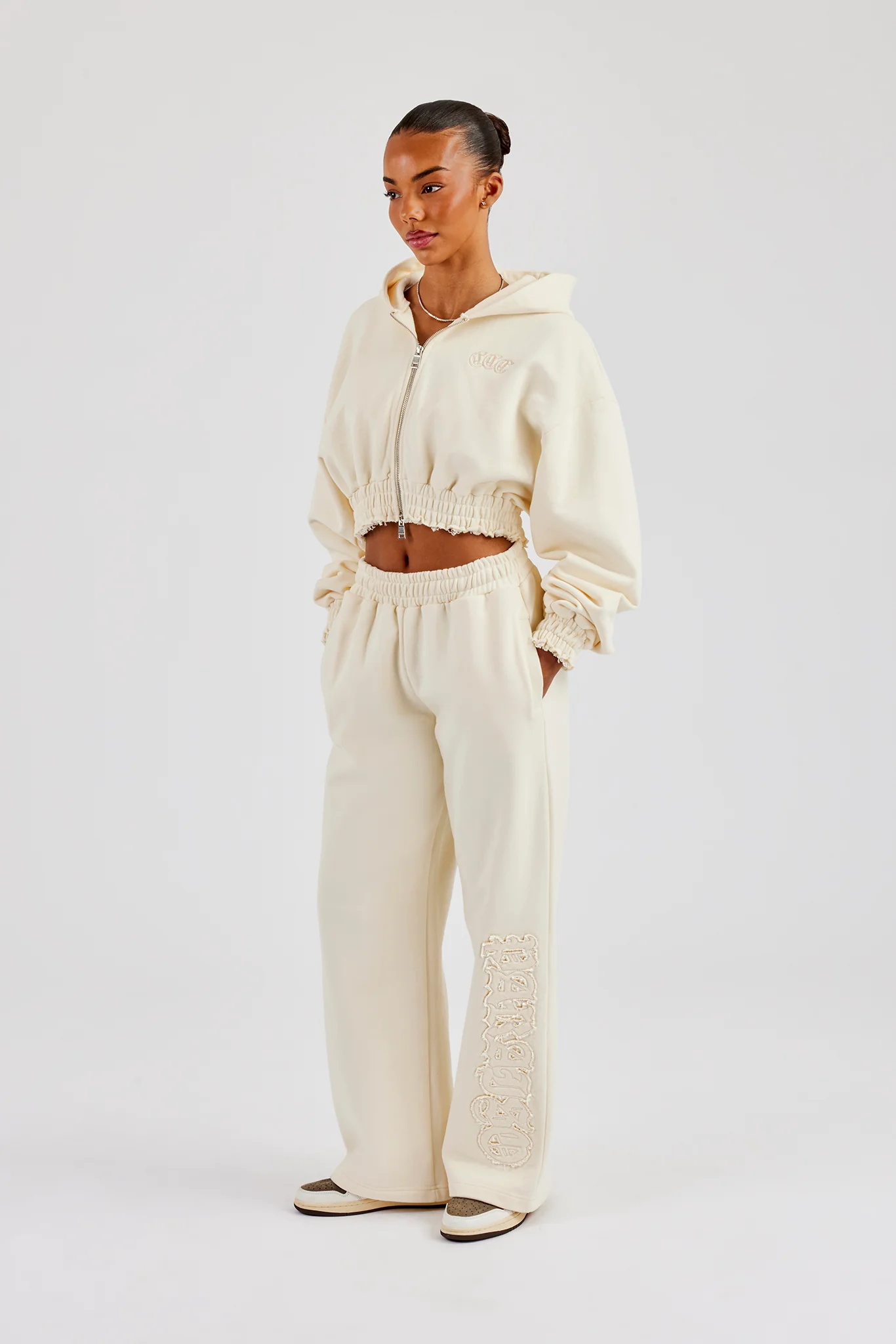 Distressed Applique Cropped Tracksuit - Butter Yellow - Image 6