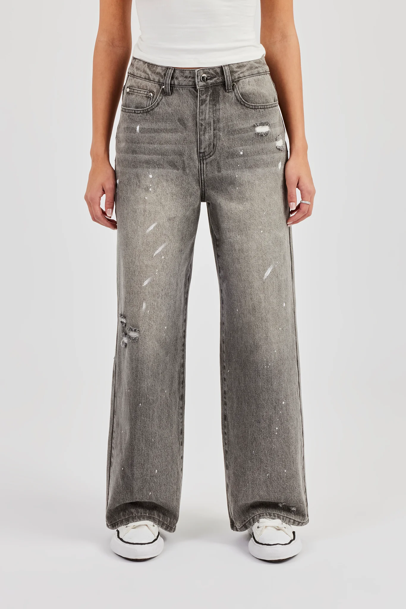 Distressed Paint Splatter Baggy Jean - Washed Grey - Image 2