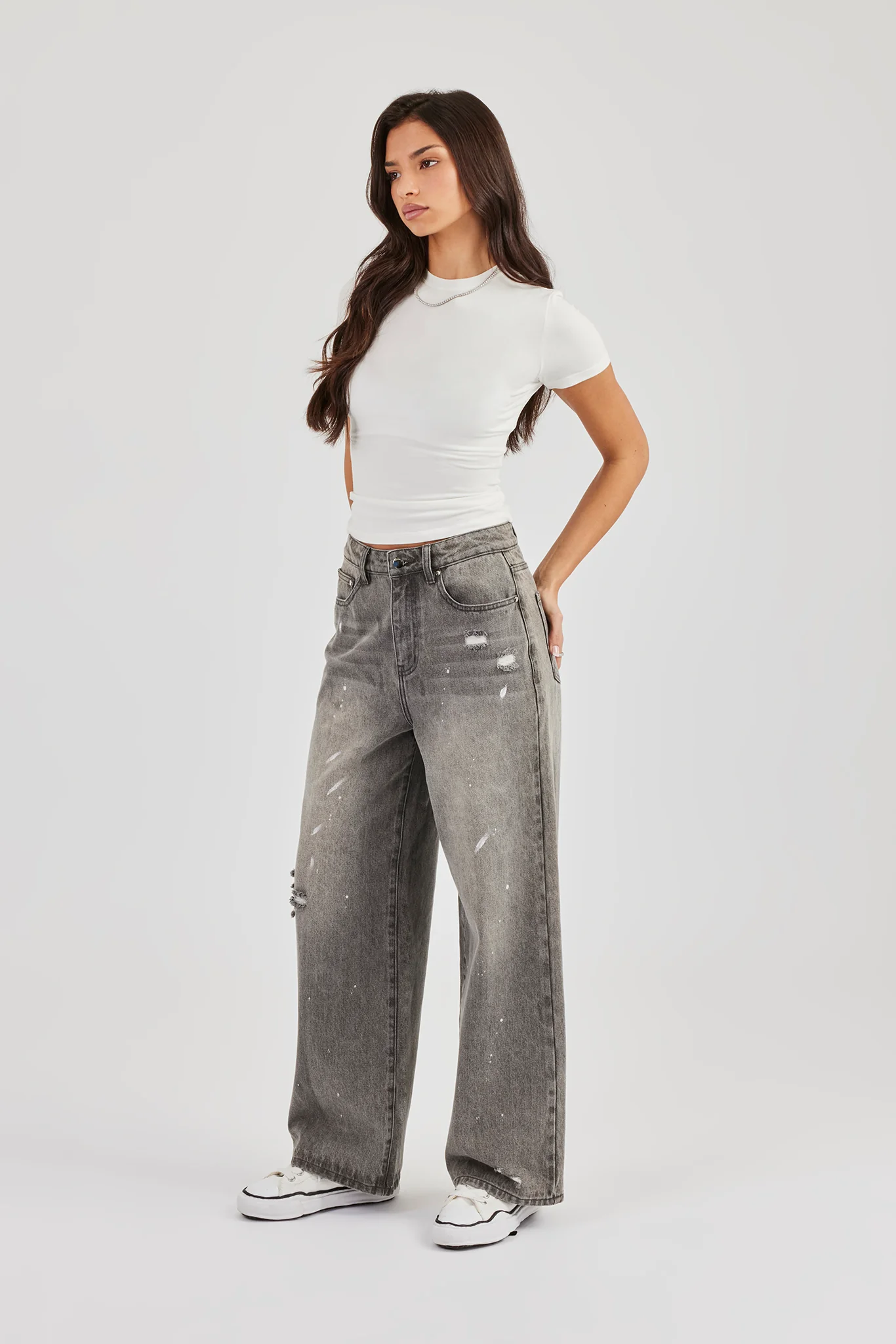 Distressed Paint Splatter Baggy Jean - Washed Grey - Image 4