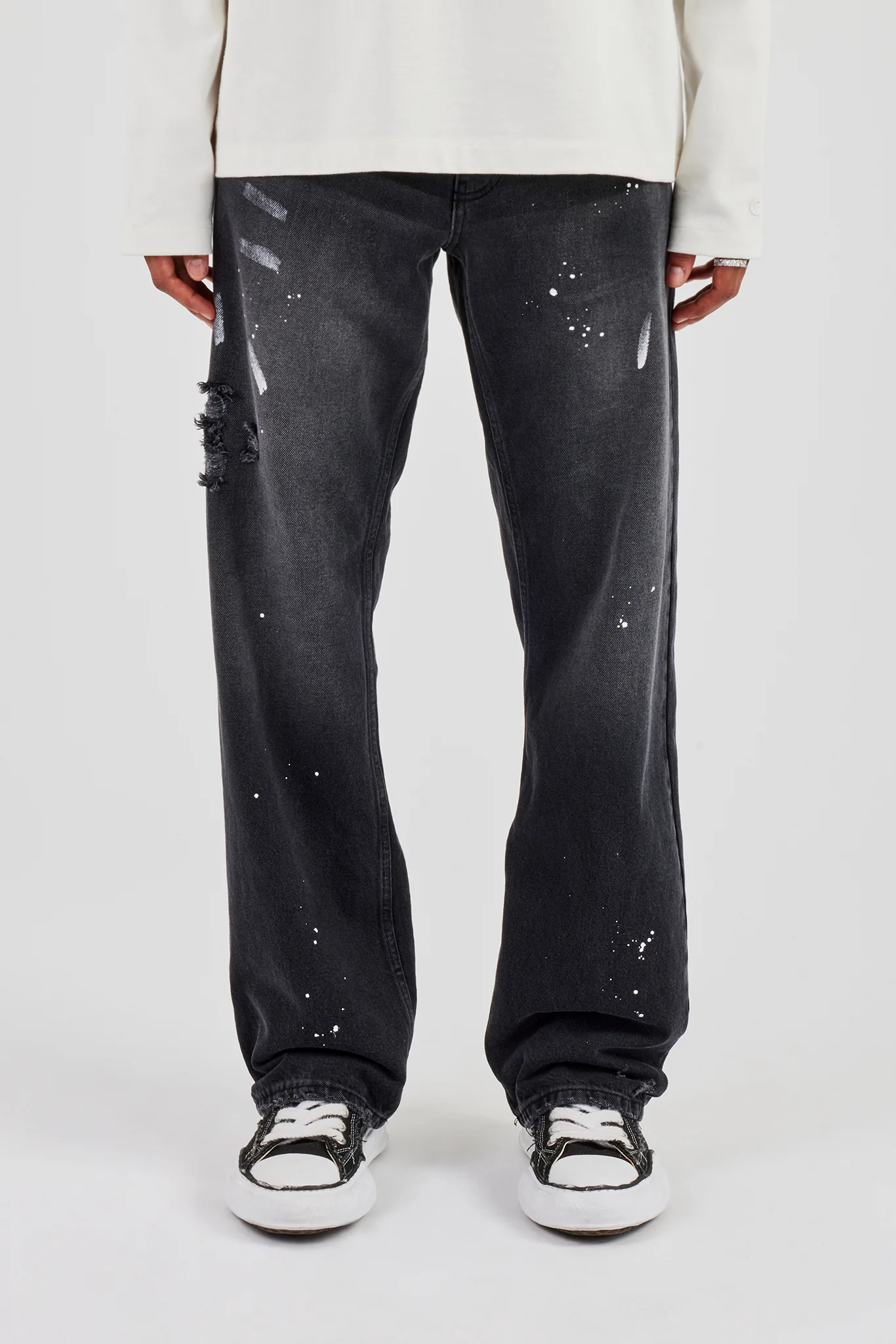 Distressed Paint Splatter Relaxed Jean - Washed Black - Image 3