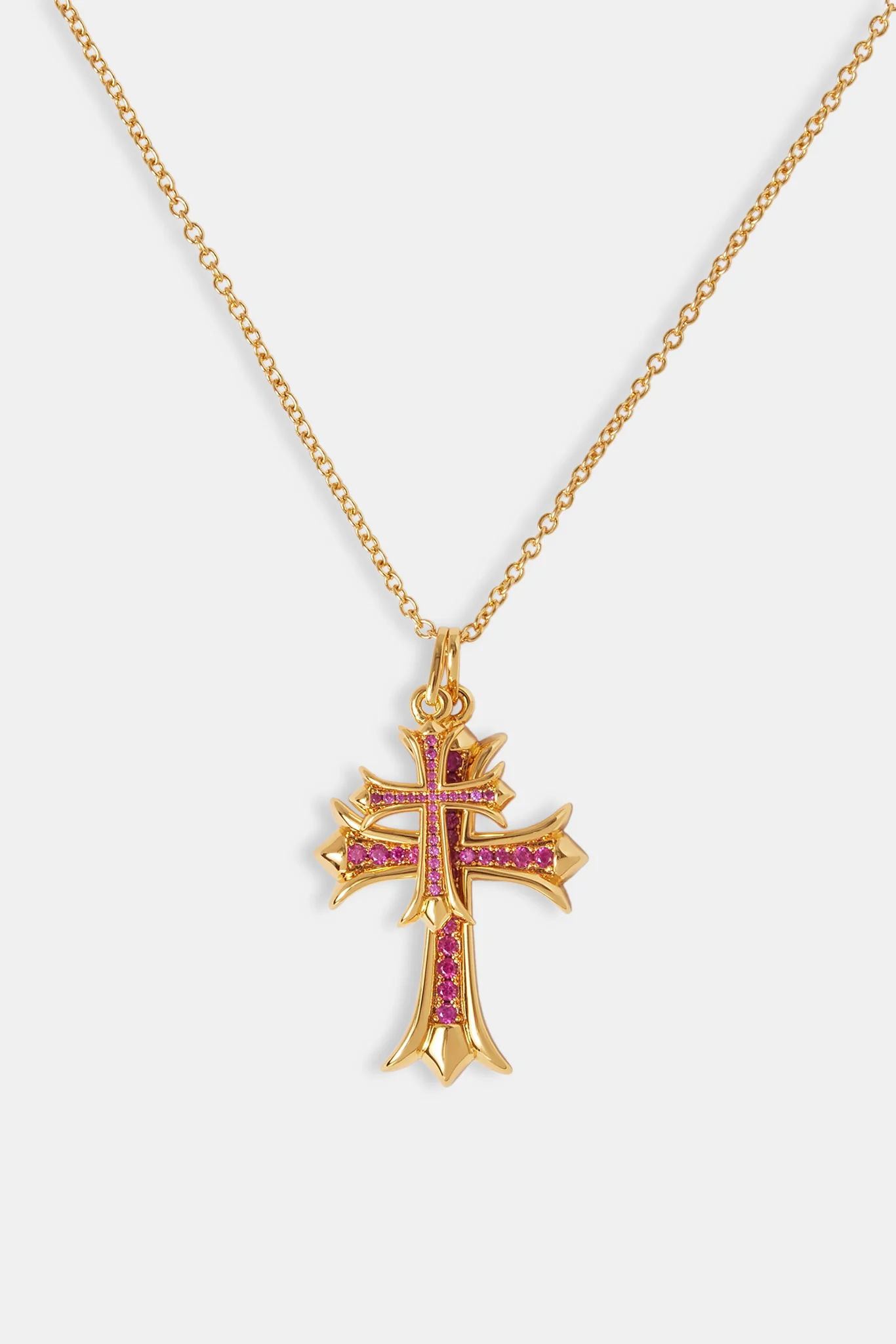 Double Cross Pink Iced Necklace - Gold 40 mm - Image 2
