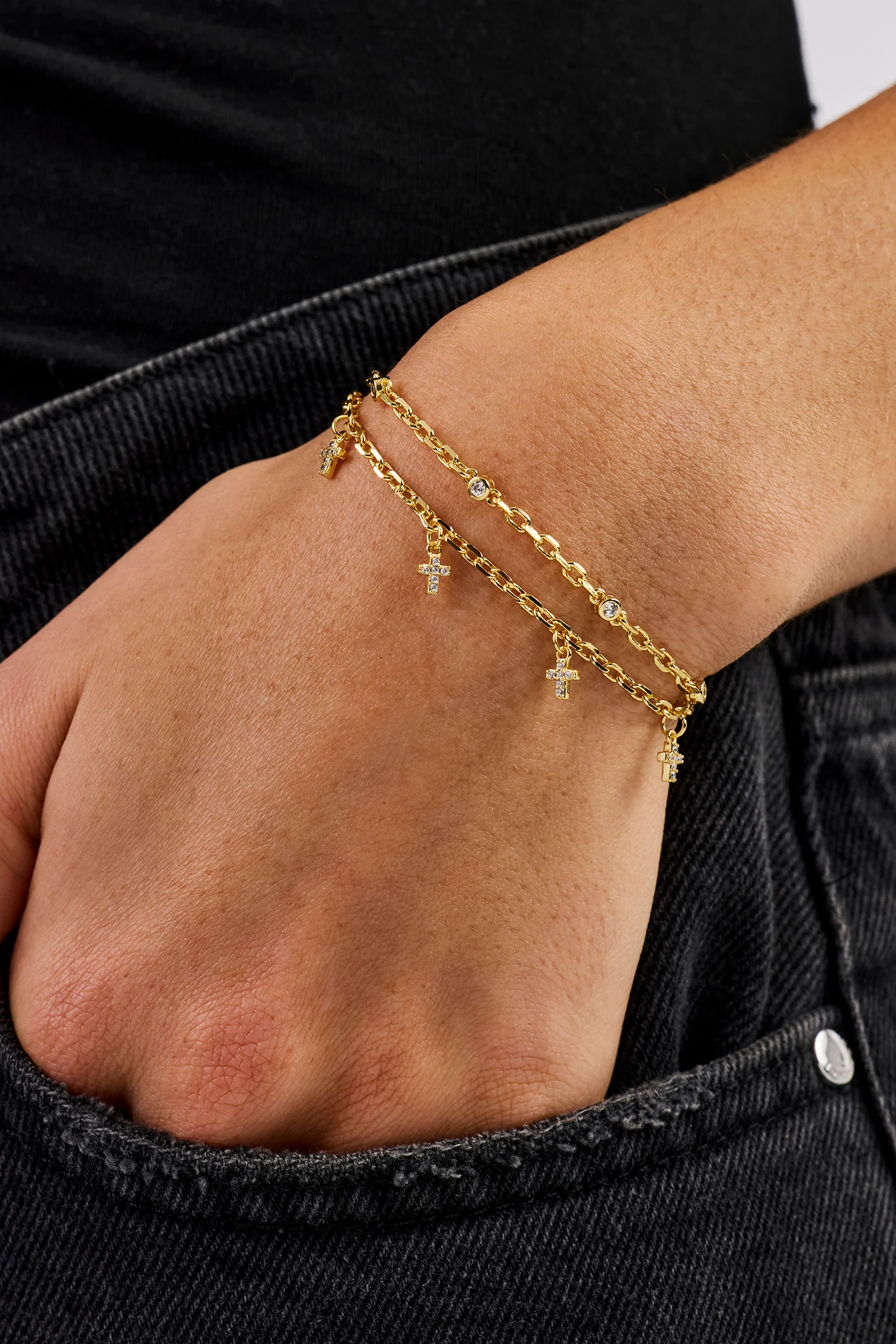Double Layer Iced Cross Bracelet - 5mm - Gold - Image 2