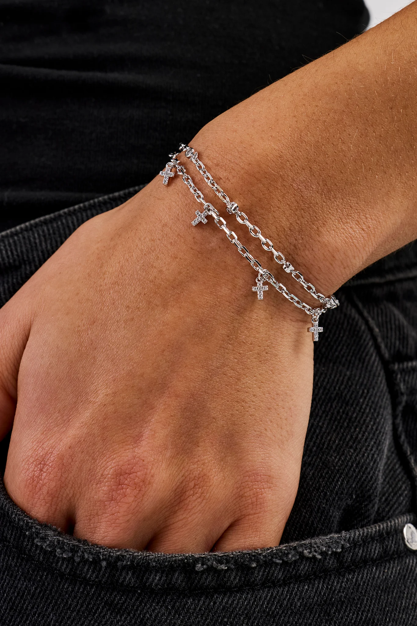 Double Layer Iced Cross Bracelet - 5mm - White - Image 2