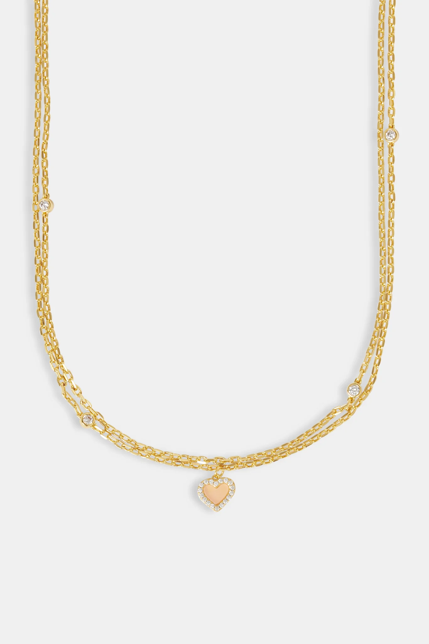 Double Layer Iced & Pink Agate Heart Rolo Necklace - 8mm - Image 2
