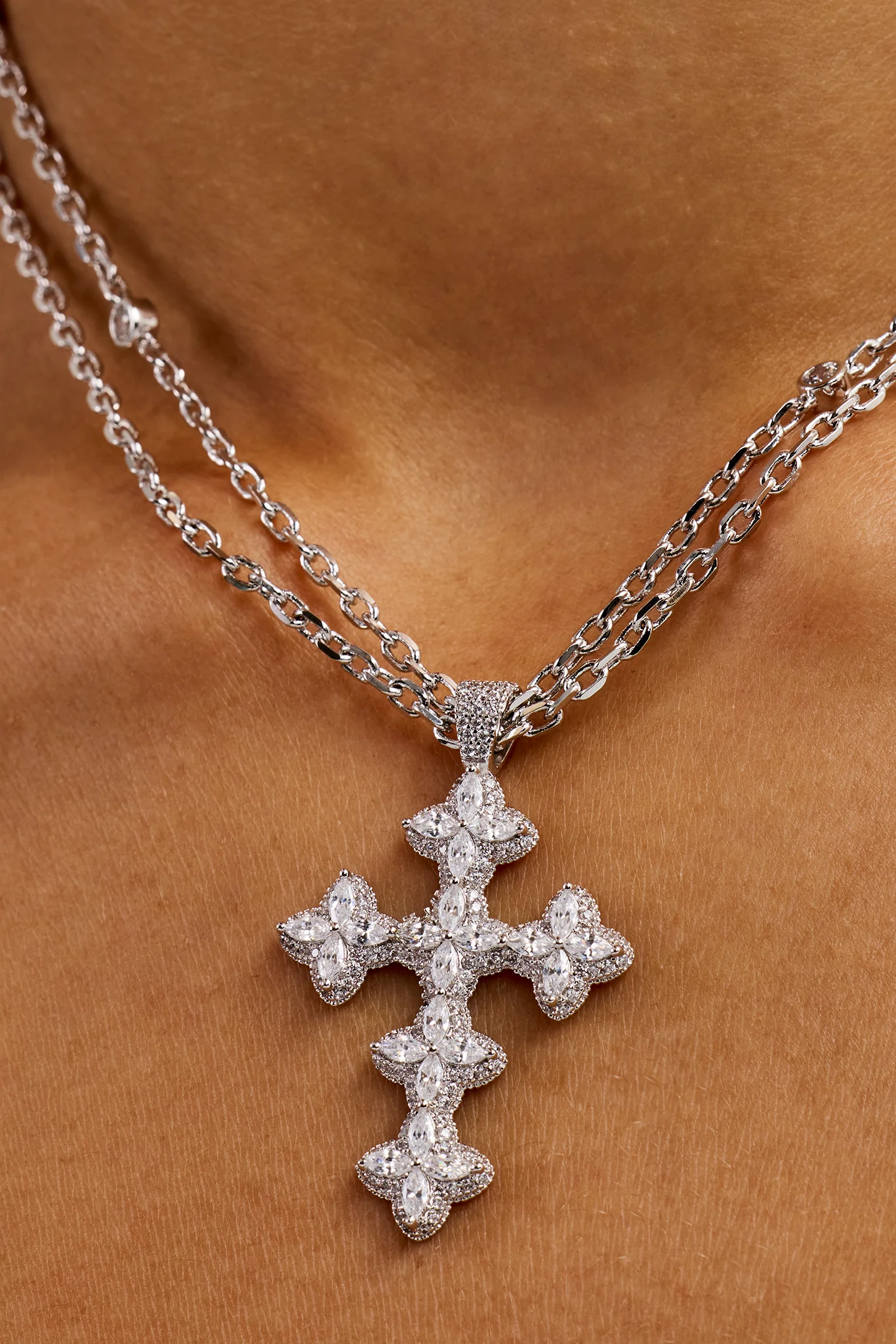 Double Layer Rolo Cross Necklace - 2mm - Image 2