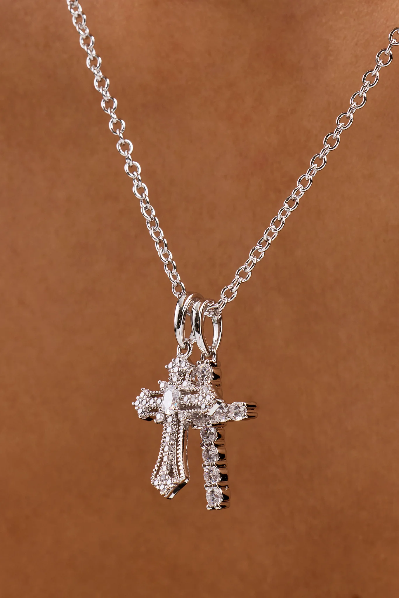 Double Multi Iced Cross Necklace - 20mm - White - Image 2