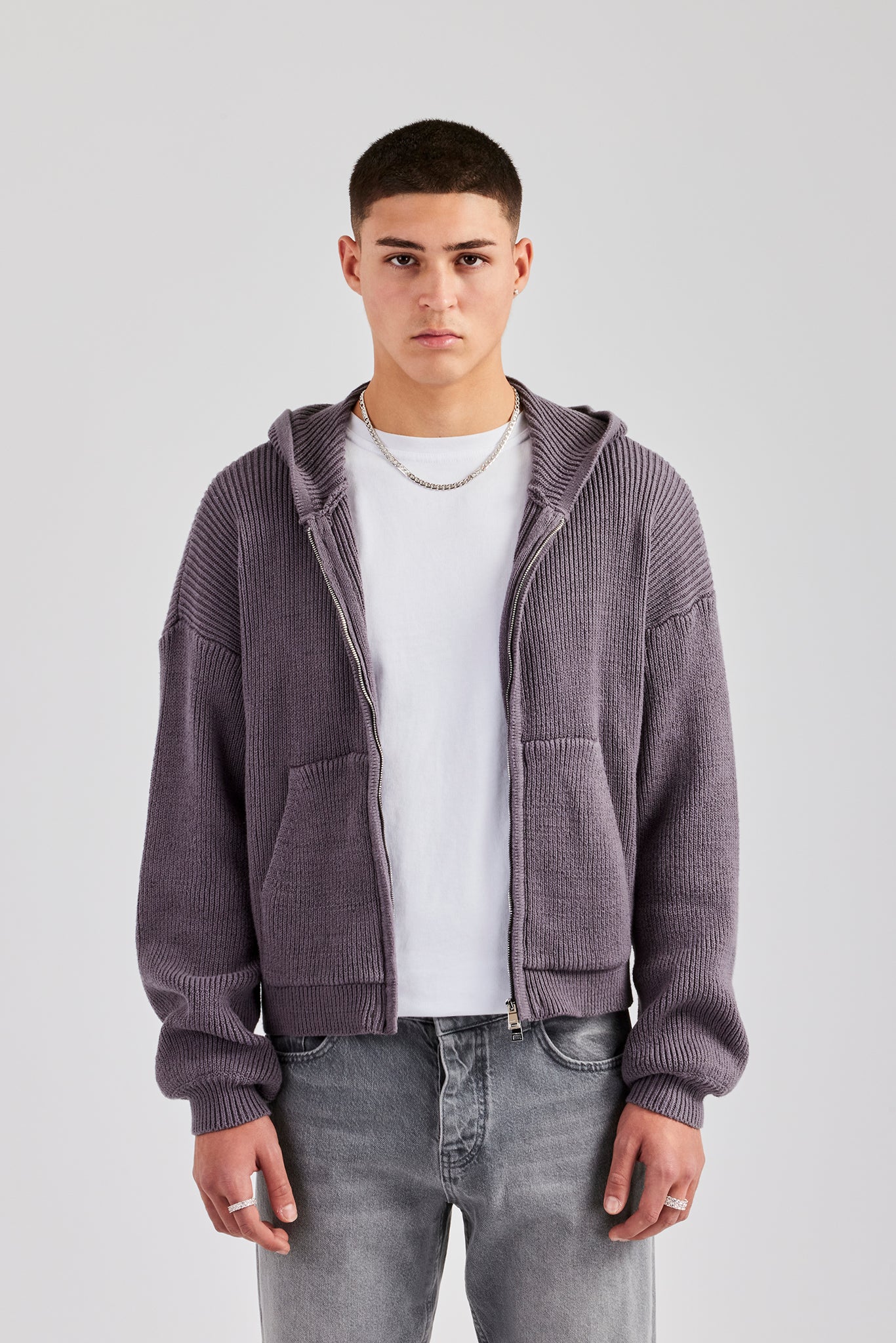 Dual Ended Knitted Zip Hoodie - Charcoal - Image 2
