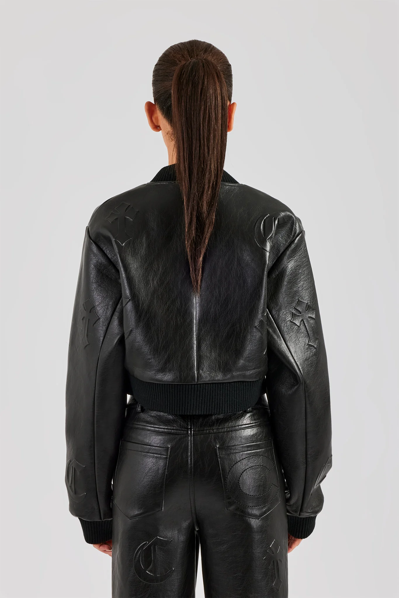Embossed Cross PU Bomber Jacket - Black - Image 3