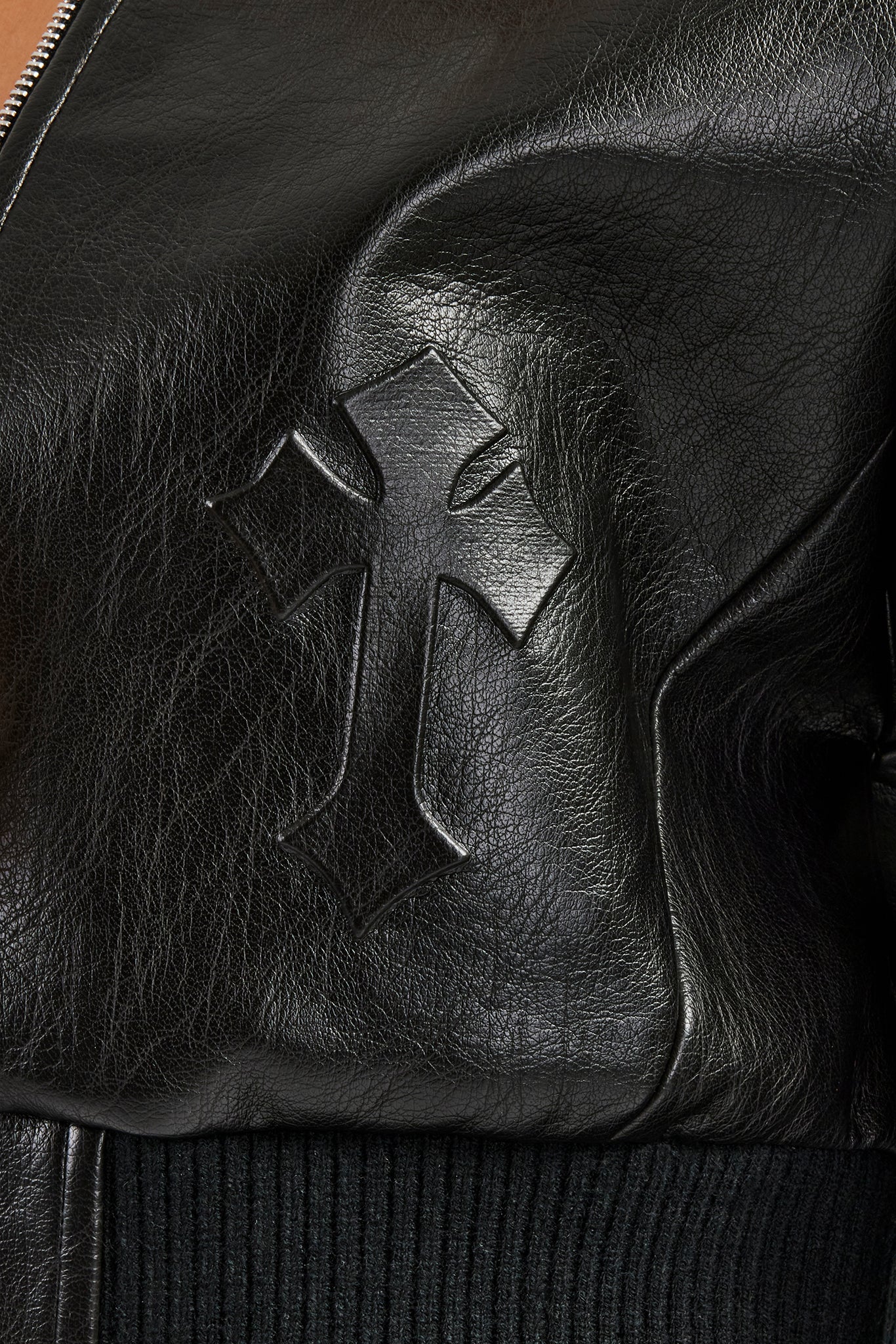 Embossed Cross PU Bomber Jacket - Black - Image 4