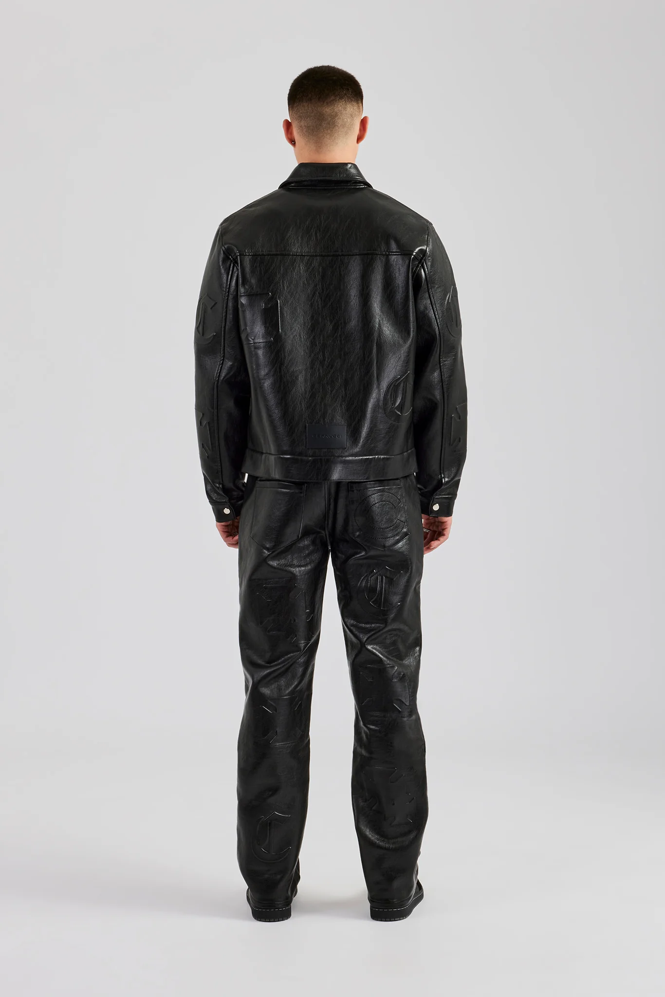 Embossed Motif PU Harrington Jacket - Black - Image 3