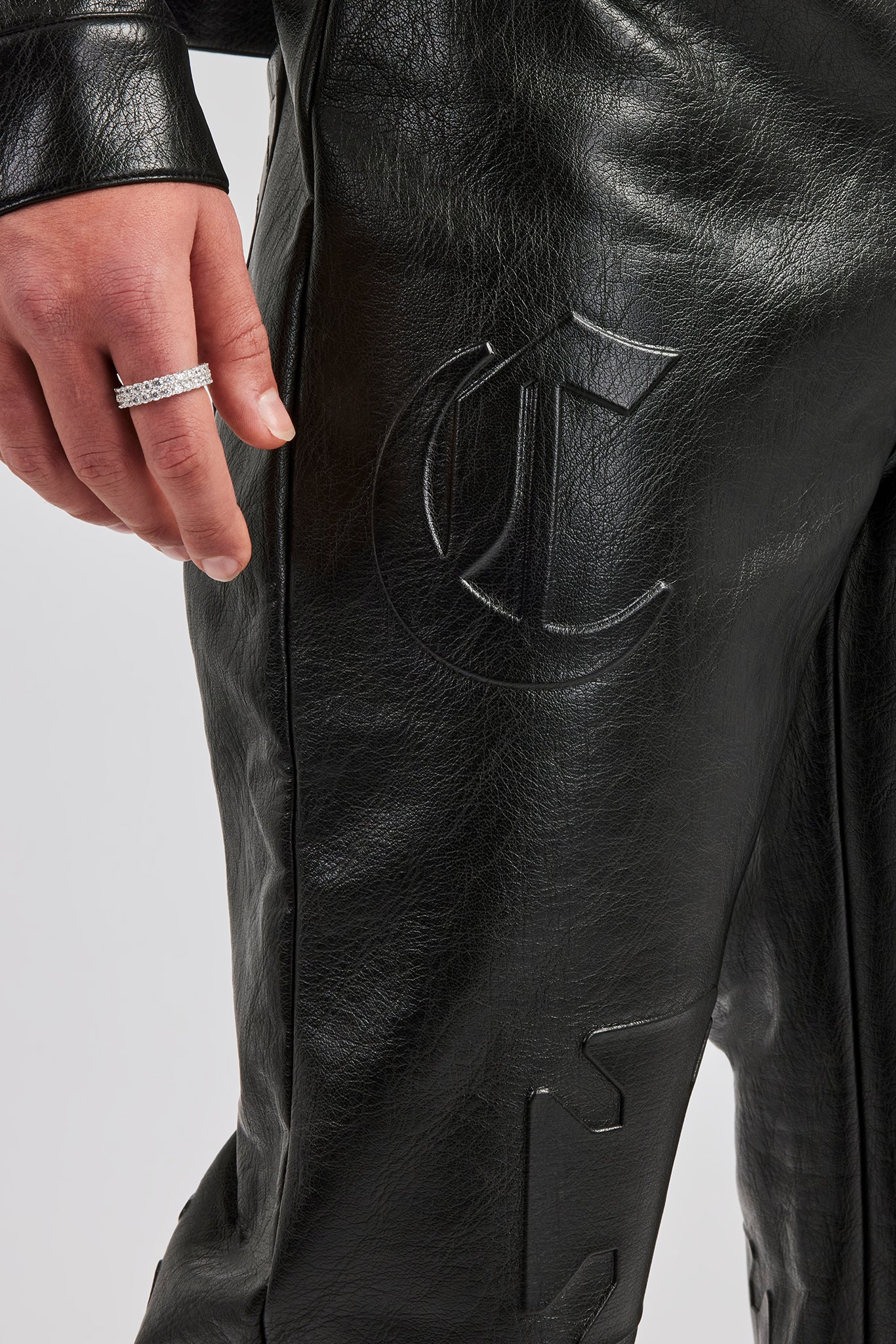 Embossed Motif Straight Leg PU Trouser - Black - Image 3