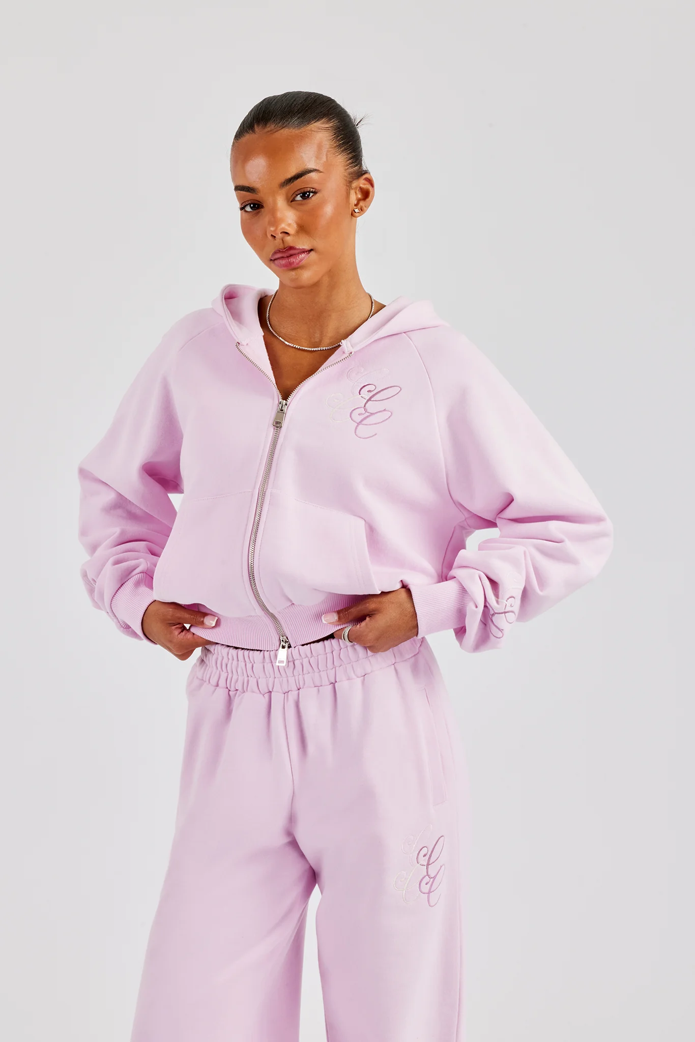 Embroidered Applique Boxy Zip Hoodie - Pink - Image 2