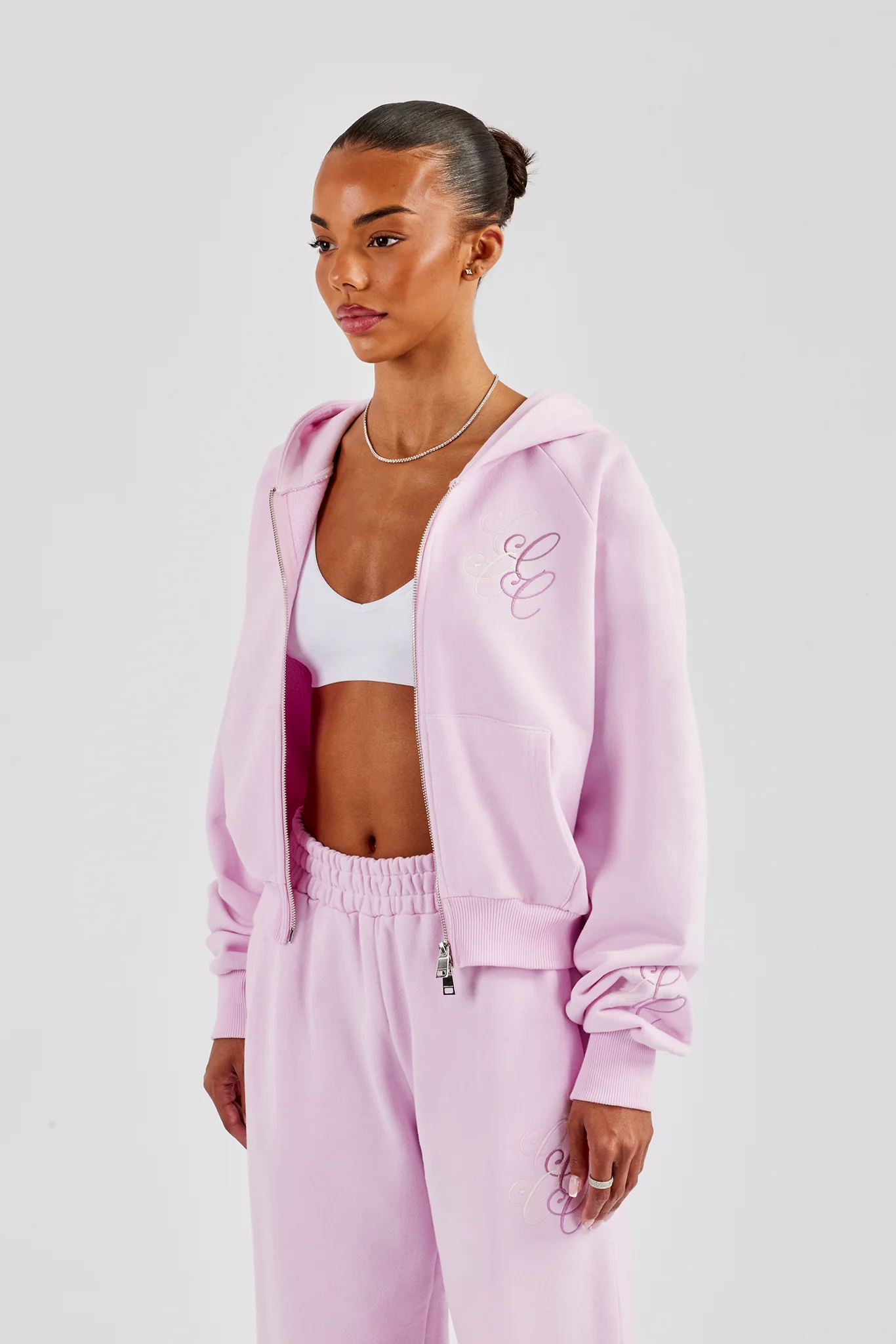 Embroidered Applique Boxy Zip Hoodie - Pink - Image 3