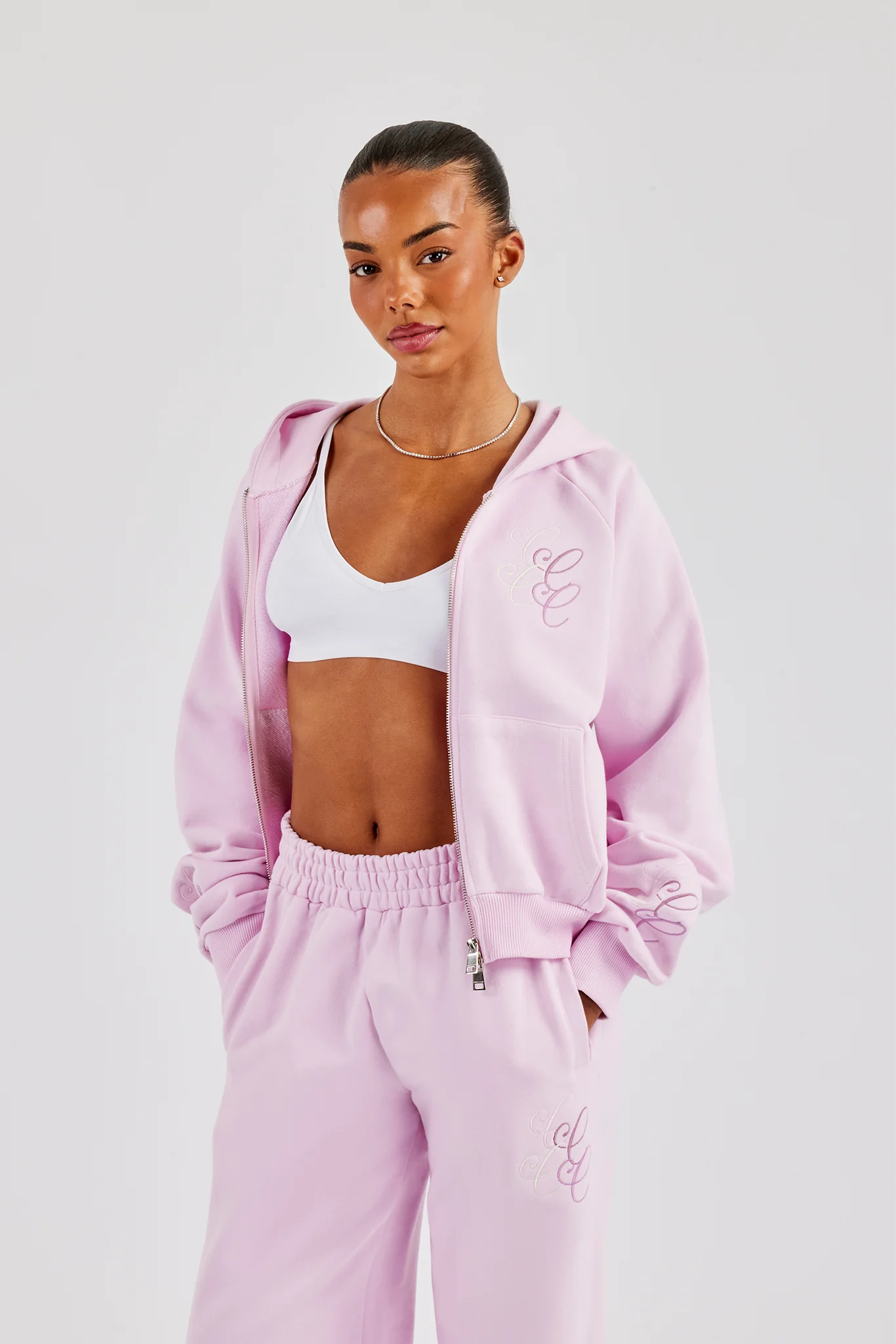 Embroidered Applique Boxy Zip Hoodie - Pink - Image 4