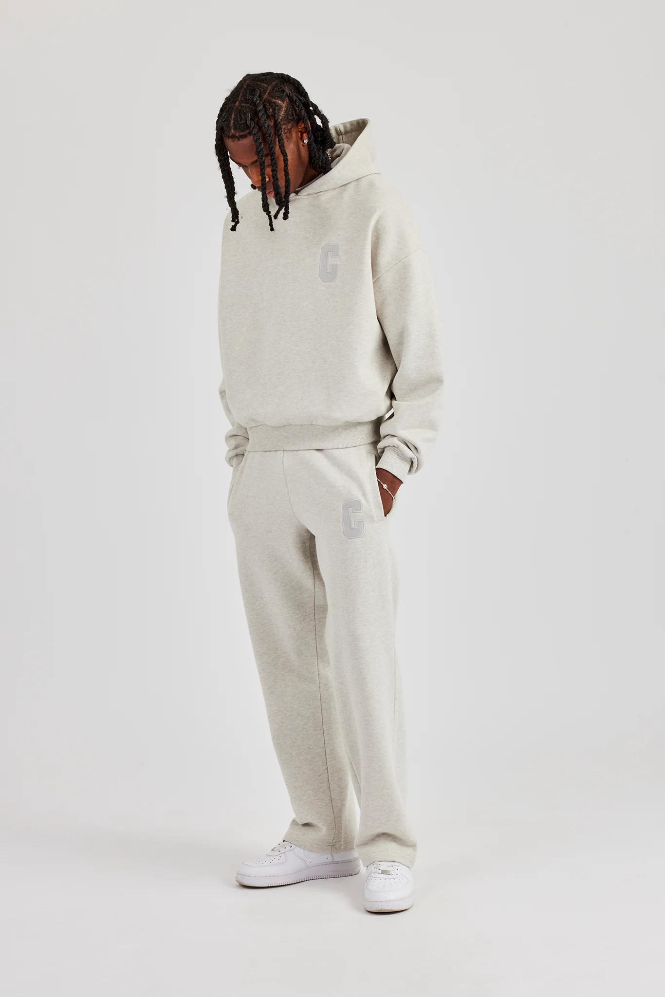 Embroidered C Boxy Hooded Tracksuit - Ash Grey - Image 5